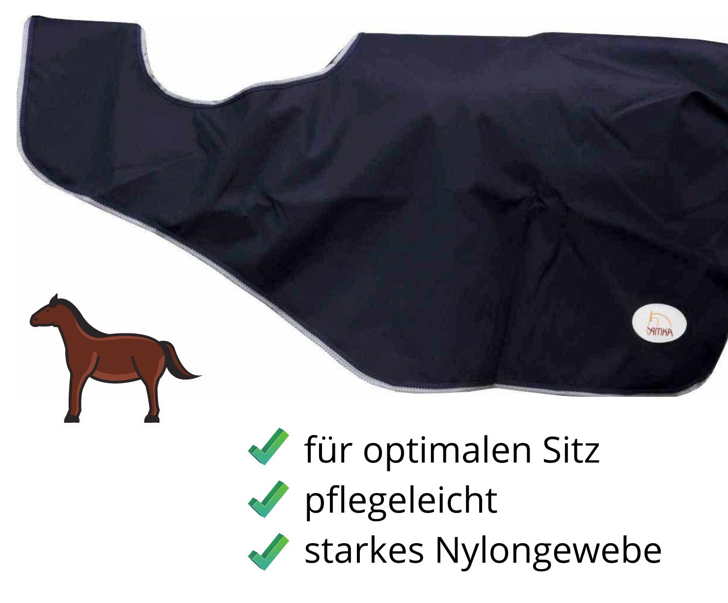 Dunkelblaue Pferdedecke mit silberner Umrandung. Text: für optimalen Sitz, pflegeleicht, starkes Nylongewebe. Logo.