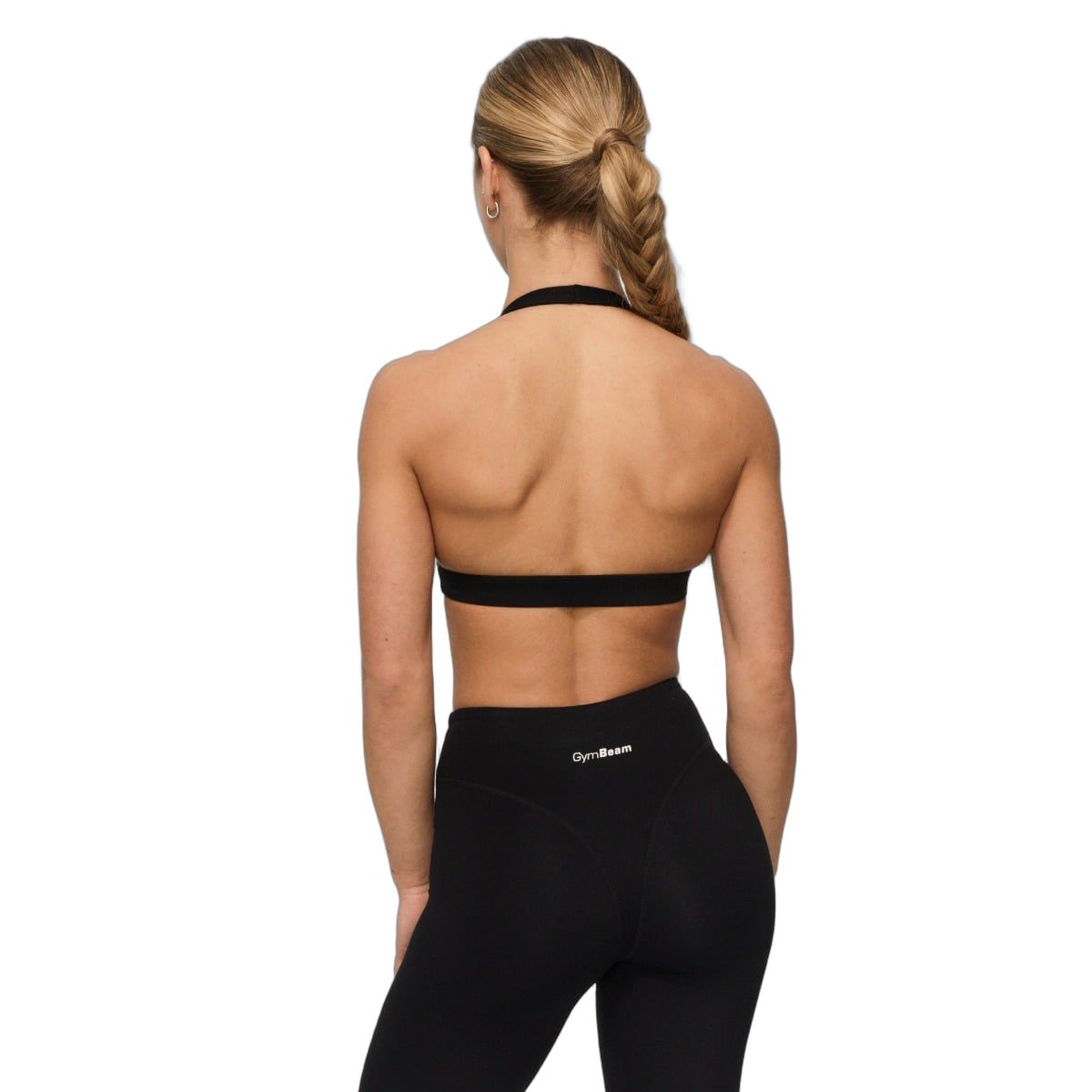 Rückenansicht eines schwarzen Sport-BHs mit Neckholder-Trägern.