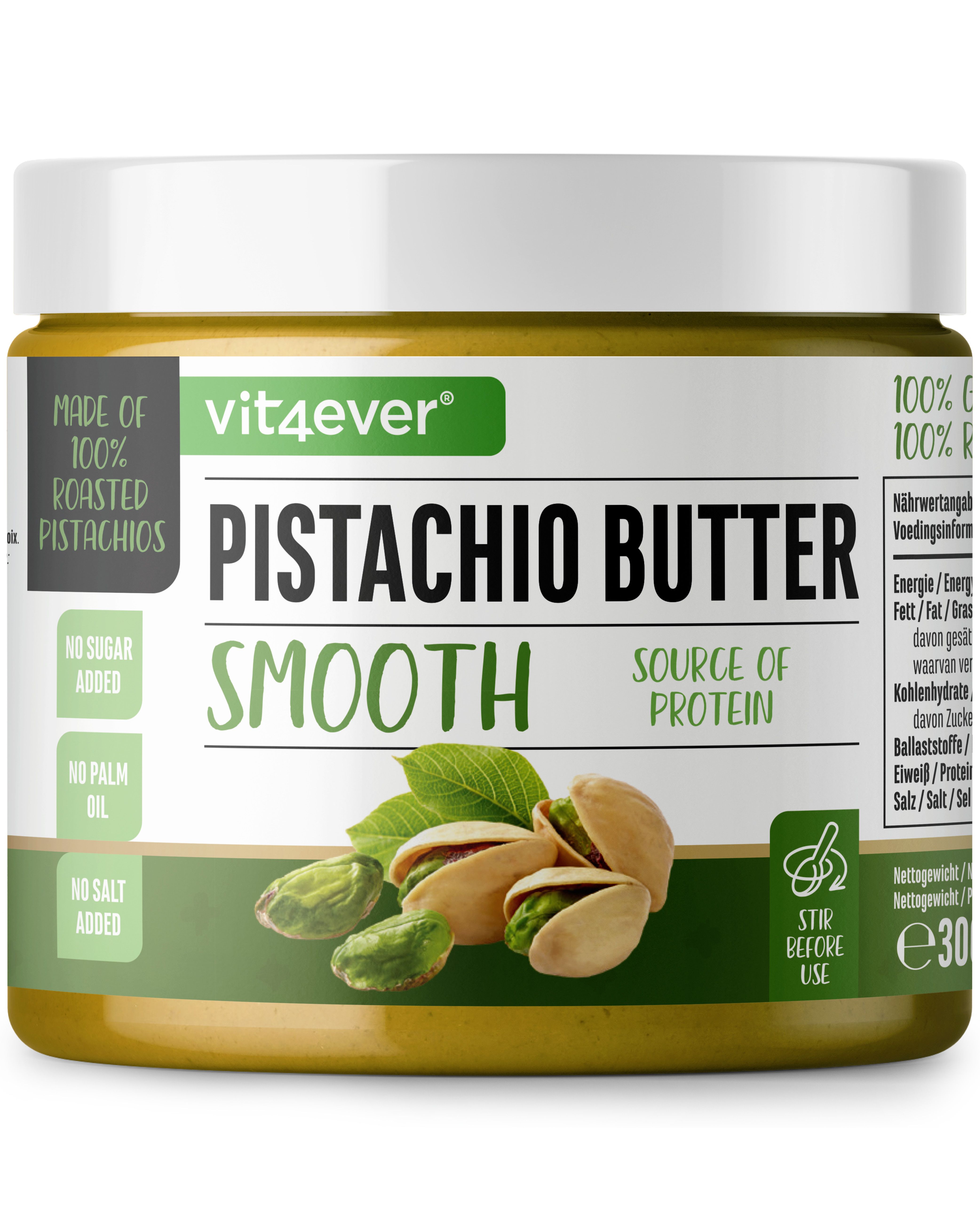 Glas Pistazienbutter. Aufschrift: Pistachio Butter Smooth. Zusatzinfos: ohne Zucker, ohne Palmöl, ohne Salz. Mit Blättern und Pistazien.