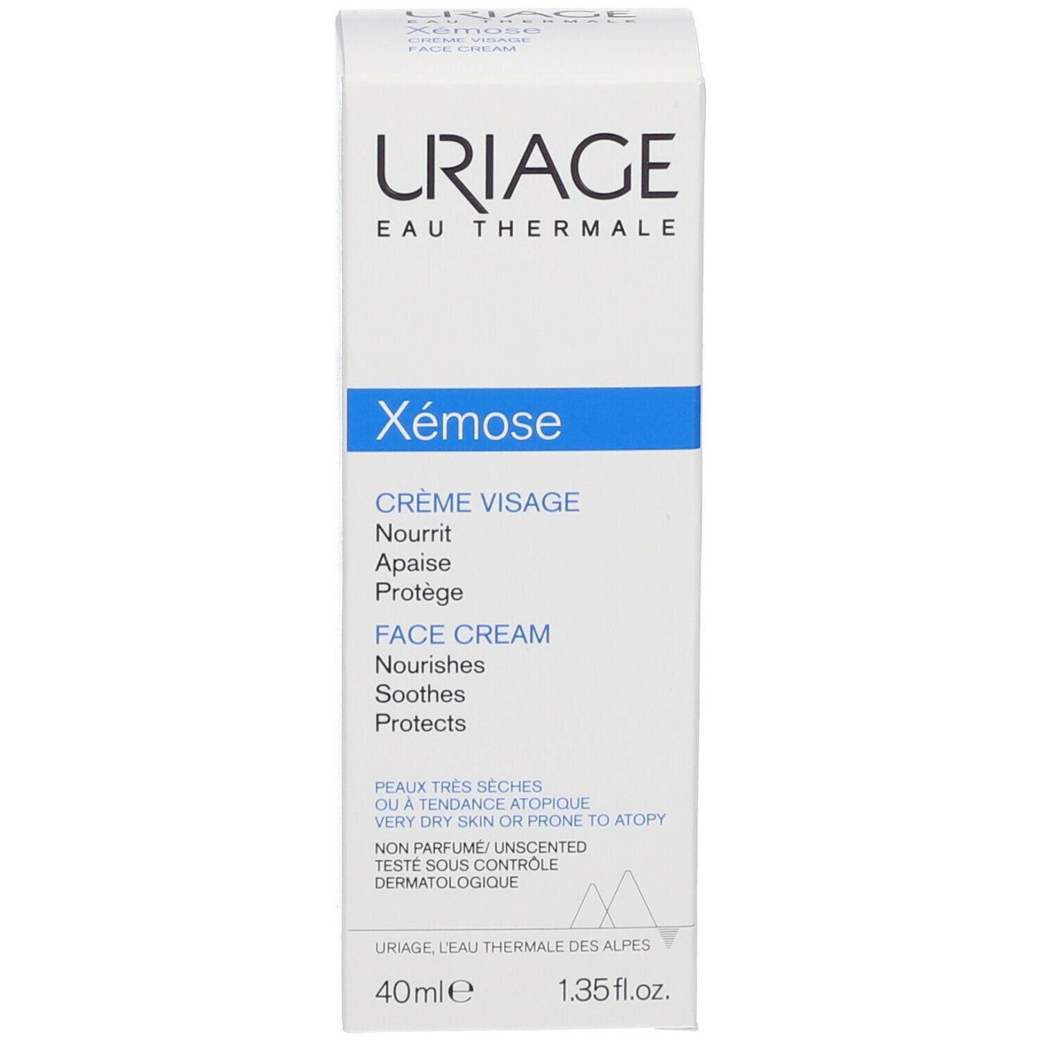 Weiße Schachtel URIAGE Xémose Face Cream. Text: Crème Visage, Face Cream. Für sehr trockene Haut. 40ml. Ohne Parfum, unparfümiert.
