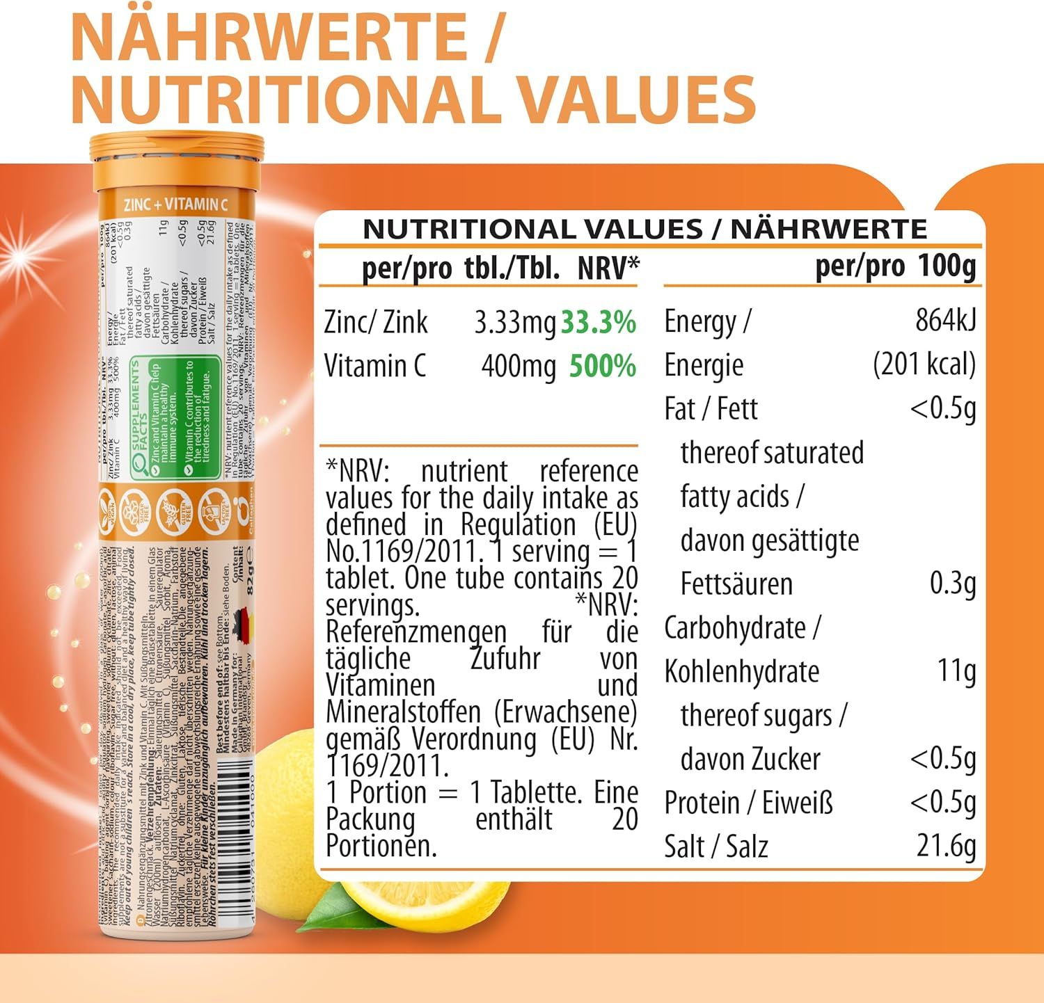 Detailansicht der Nährwerttabelle auf einer EVÄM Vitamin C + Zink Tube. Informationen pro Tablette und pro 100g.