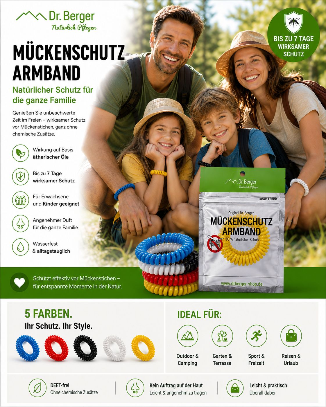 Familie mit Mückenschutz-Armbändern. Mehrere Armbänder liegen daneben. Eine Verpackung ist sichtbar.