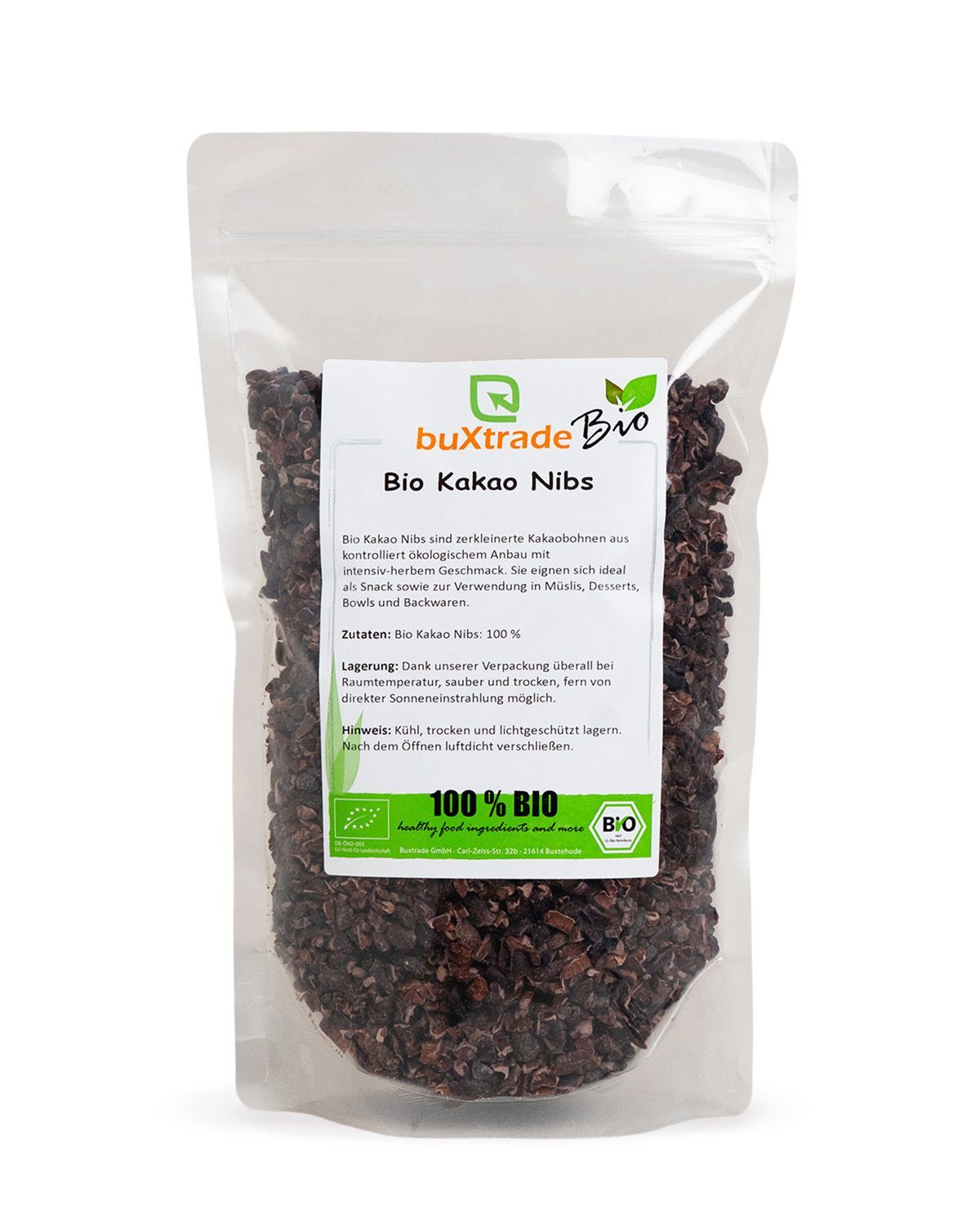 Verpackung mit buxtrade Bio Kakaonibs. Enthält Bio-Siegel und deutsche Beschreibung.