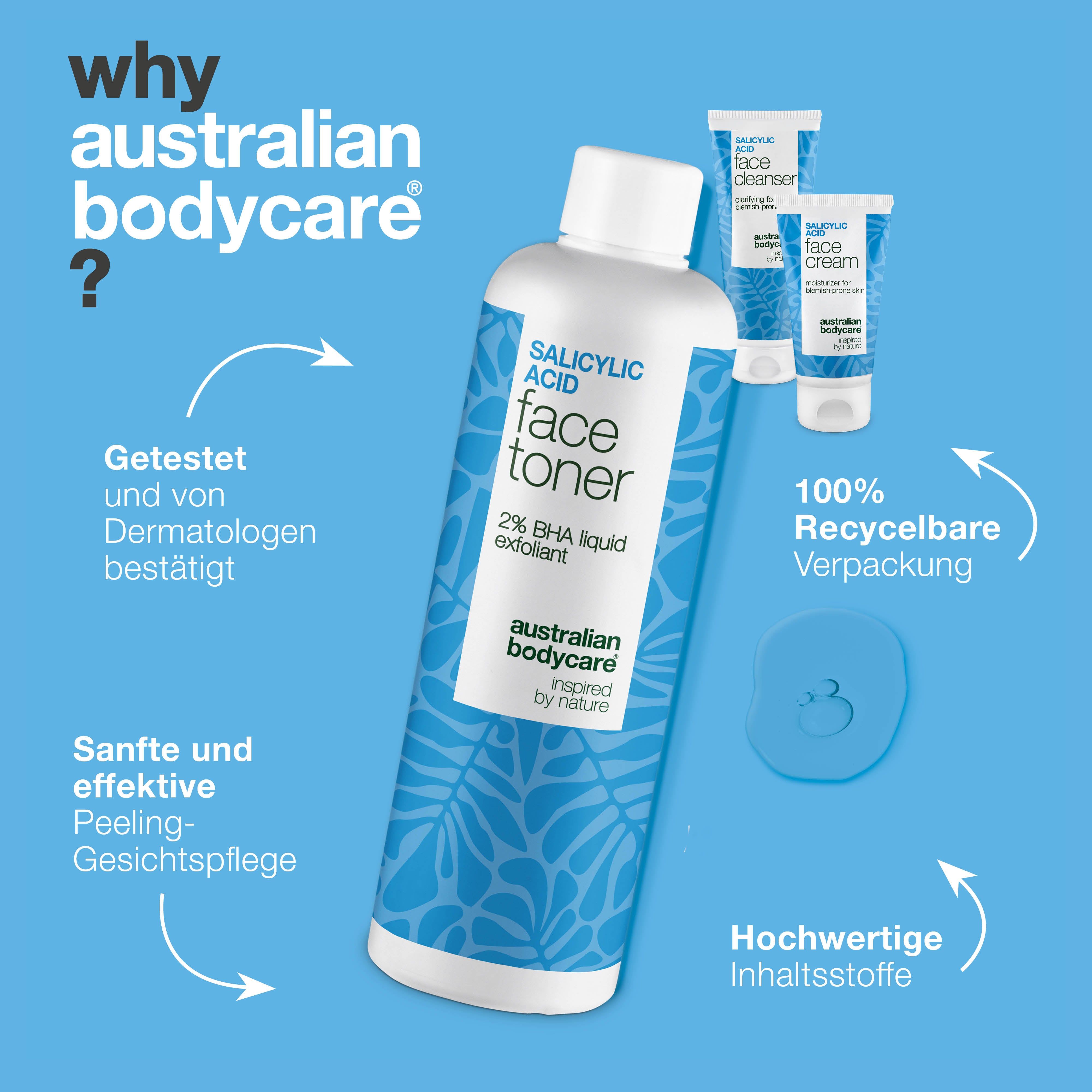 Gesichtswasser, Gesichtsreiniger und Gesichtscreme. Frage: Warum Australian Bodycare? Verpackung 100% recycelbar.