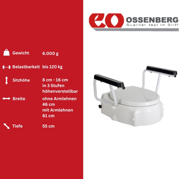 Toilettensitzerhöhung mit Armlehnen und Deckel. Weiß, mit Armlehnen, Deckel und Höhenverstellung. Ossenberg Logo.