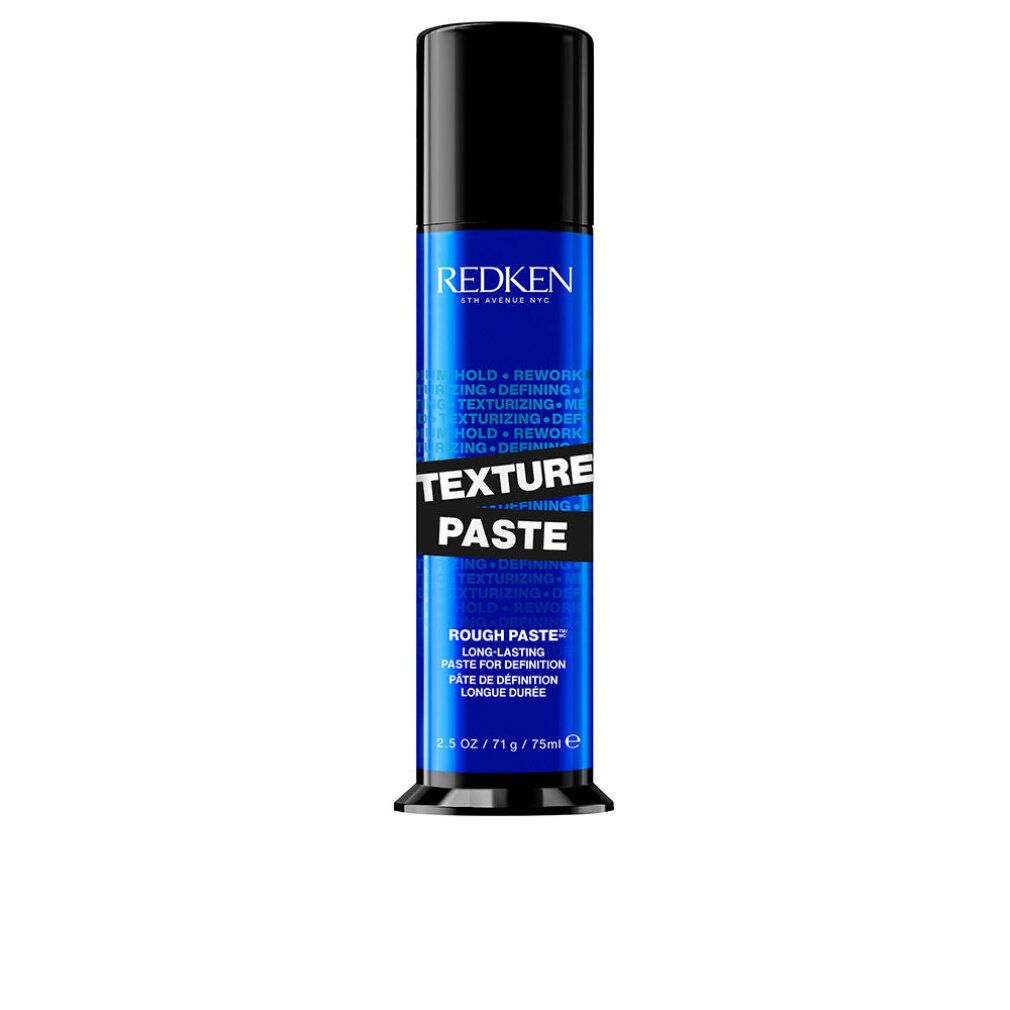 Zylinderförmige Tube. Schwarzer Deckel, blauer Körper mit weißer Schrift. "Redken" und "Texture Paste" deutlich sichtbar.