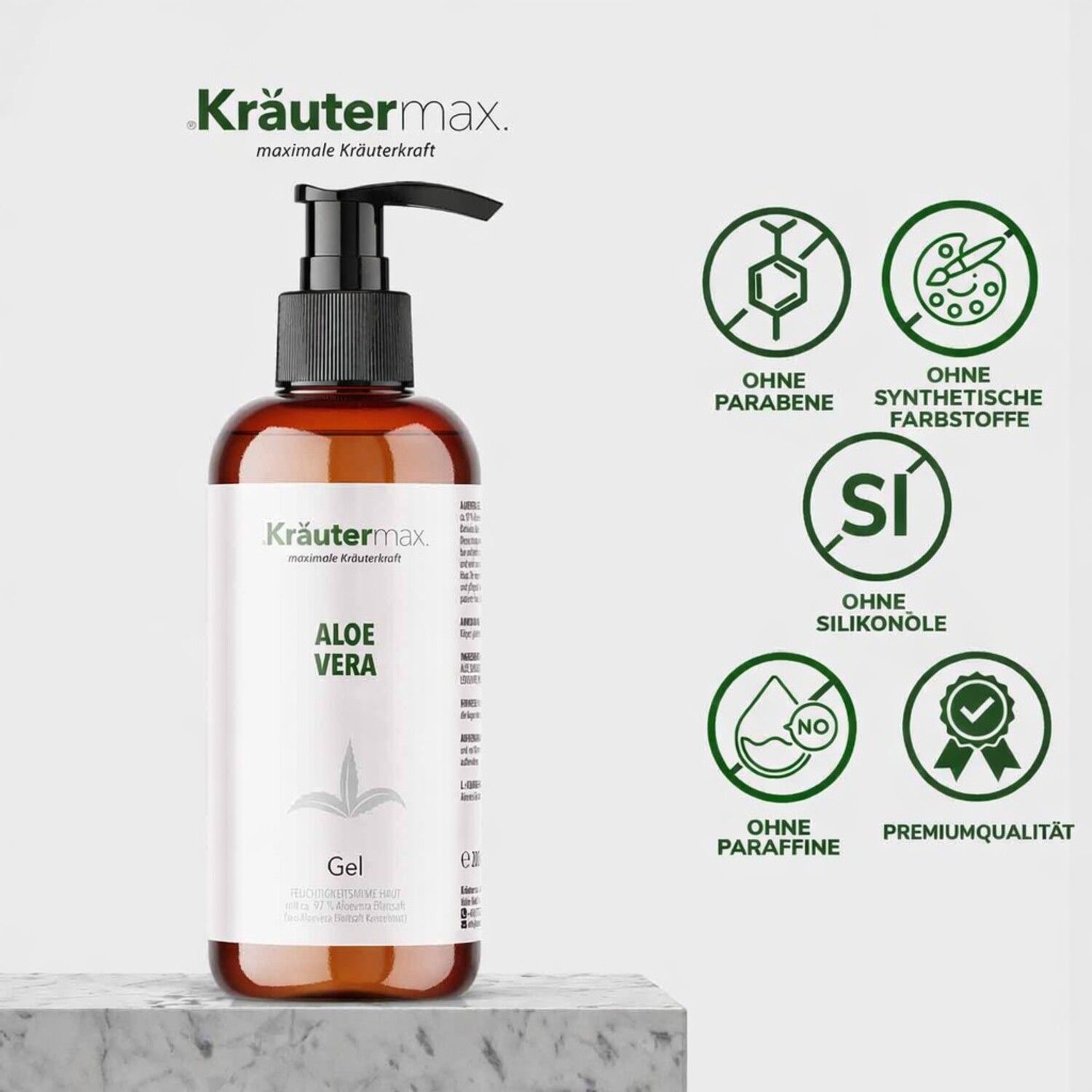 Braune Flasche mit schwarzem Pumpverschluss. Etikett mit Produktname Aloe Vera Gel. Logos: Ohne Parabene, Silikone, etc.