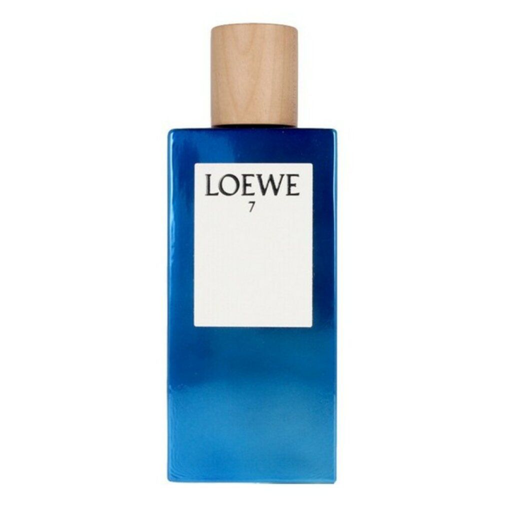 Blaues Parfümflakon mit Holzdeckel. Aufschrift "LOEWE 7".
