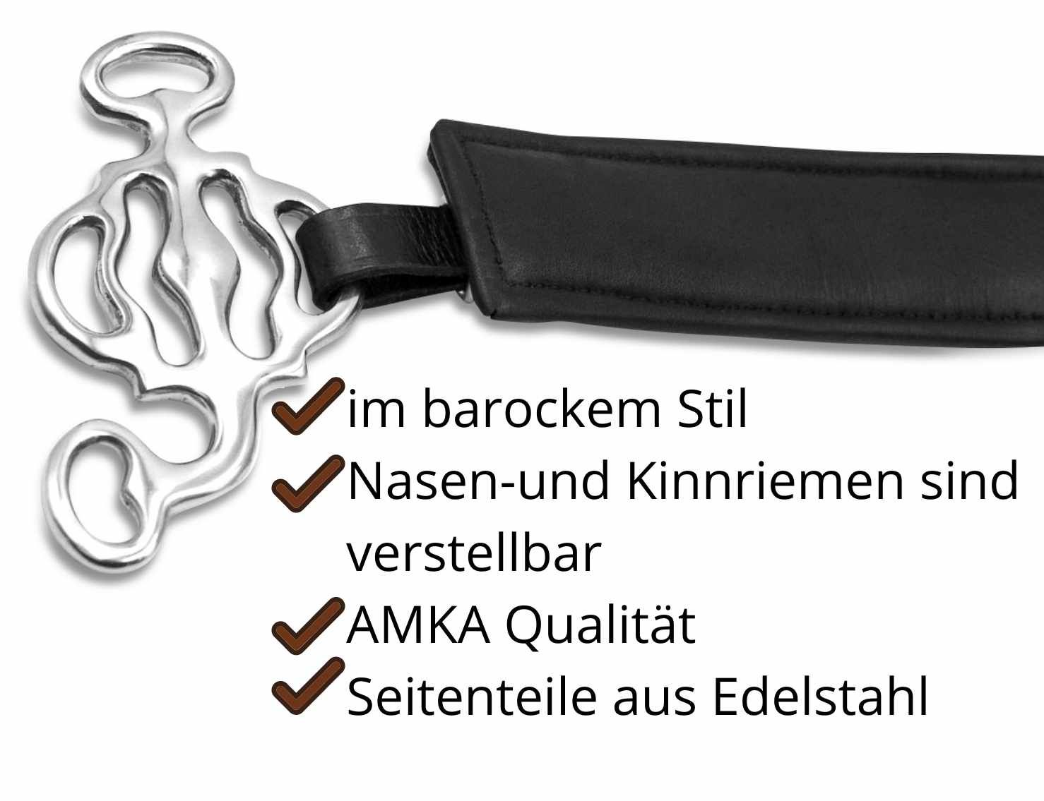 Hackamore Barock. Metall und Leder. Schwarzes Leder, silberfarbenes Metall. Text: im barockem Stil, AMKA Qualität, Seitenteile aus Edelstahl.