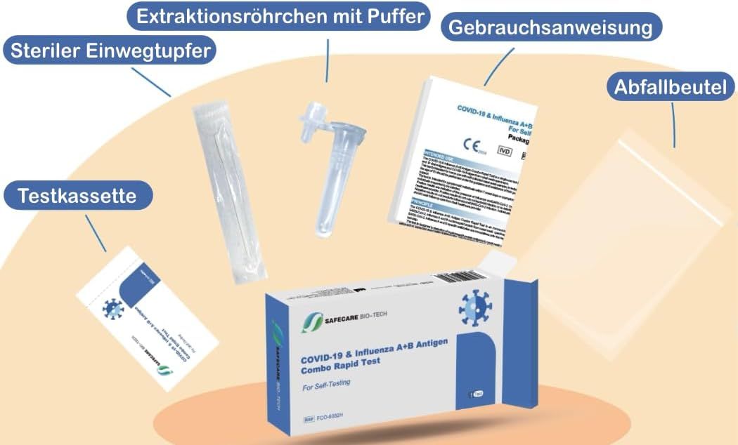 Verschiedene Komponenten eines Testkits: Testkassette, Tupfer, Extraktionsröhrchen, Gebrauchsanweisung und Abfallbeutel.