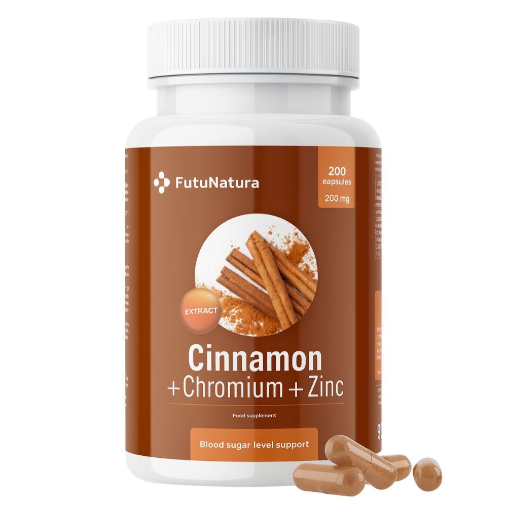 Braune Kapseln neben einer weißen Flasche mit Zimt-Extrakt. Aufschrift: Cinnamon + Chromium + Zinc. 200 Kapseln, 200 mg.