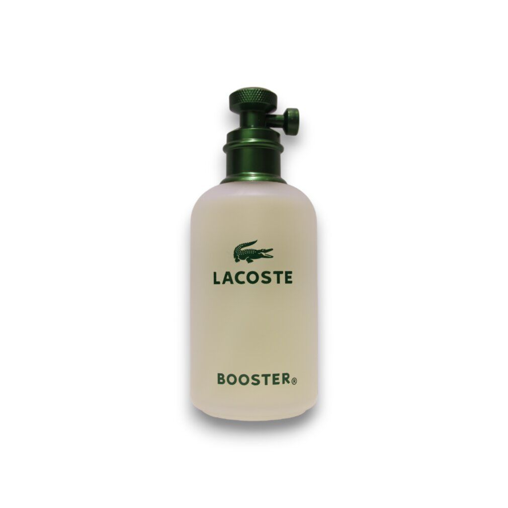 Lacoste Booster Eau de Toilette Flakon. Heller Flakon mit grünem Sprühkopf und Krokodil-Logo.