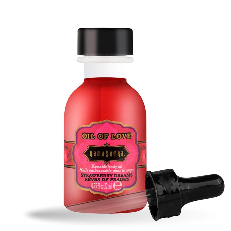 Rote Flasche mit schwarzem Deckel und Pipette. Aufschrift: Oil of Love, Kamasutra, Erdbeerträume. 22 ml.