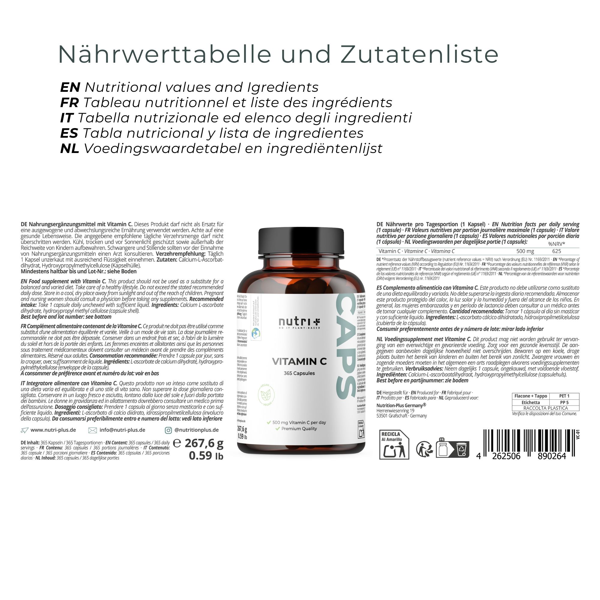 Rückseite der Flasche mit Nährwerttabelle und Zutatenliste. Texte in Deutsch, Englisch, Französisch, Italienisch und Niederländisch.