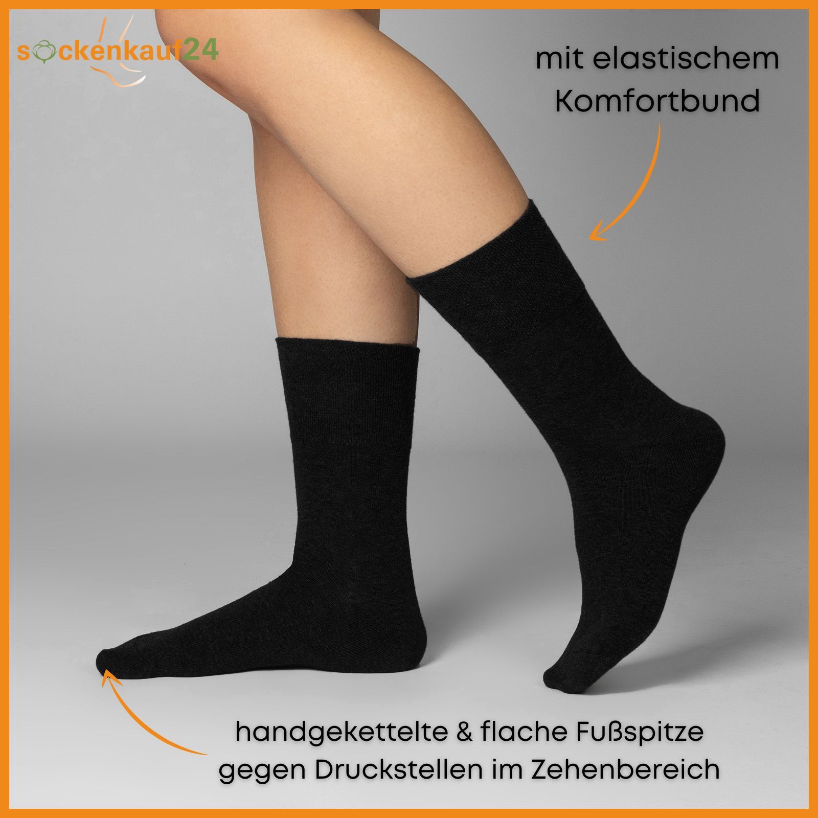 Person trägt eine schwarze Socke. Text: handgekettelte & flache Fußspitze gegen Druckstellen im Zehenbereich.