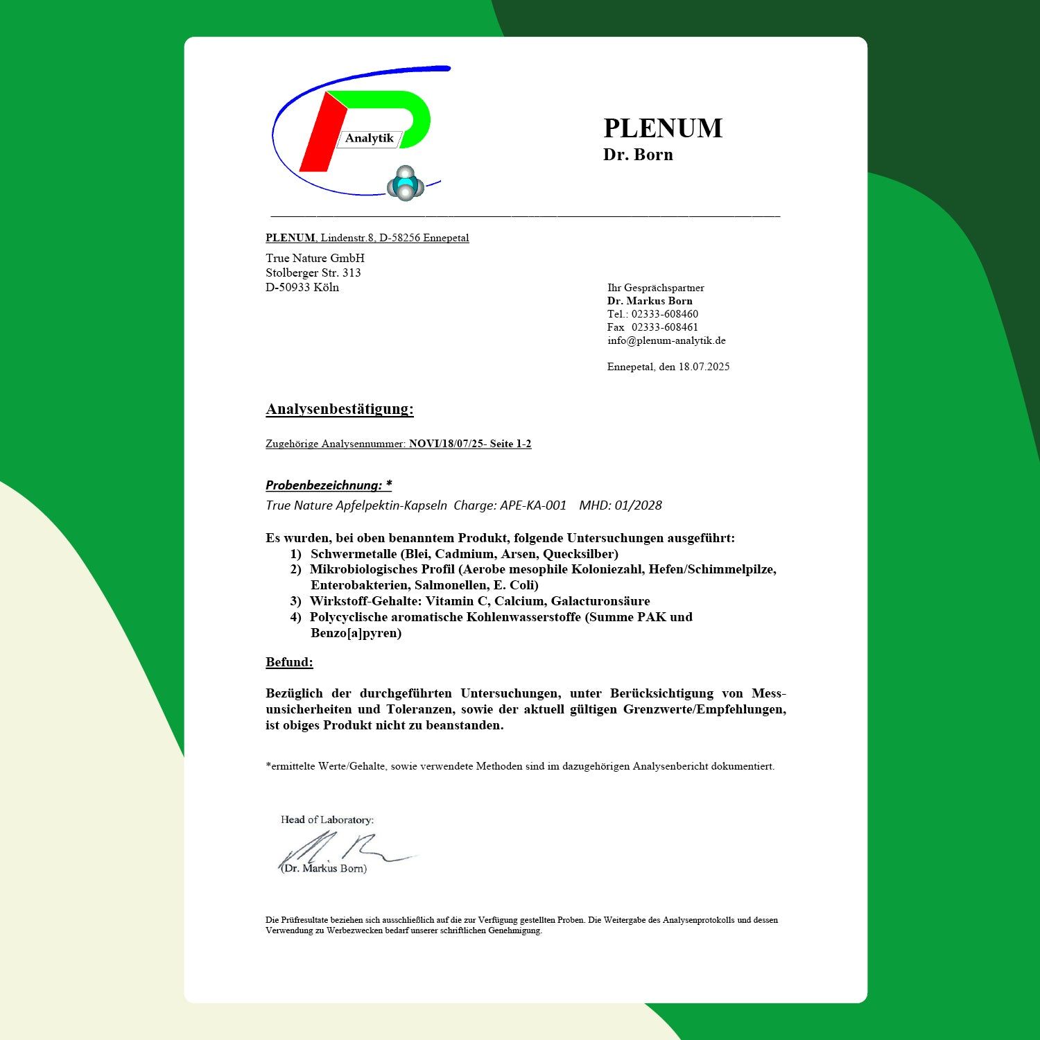 Zertifikat mit Text. Text: Analysebestätigung. Unterschriften und Stempel. Logo: Plenum Dr. Born.
