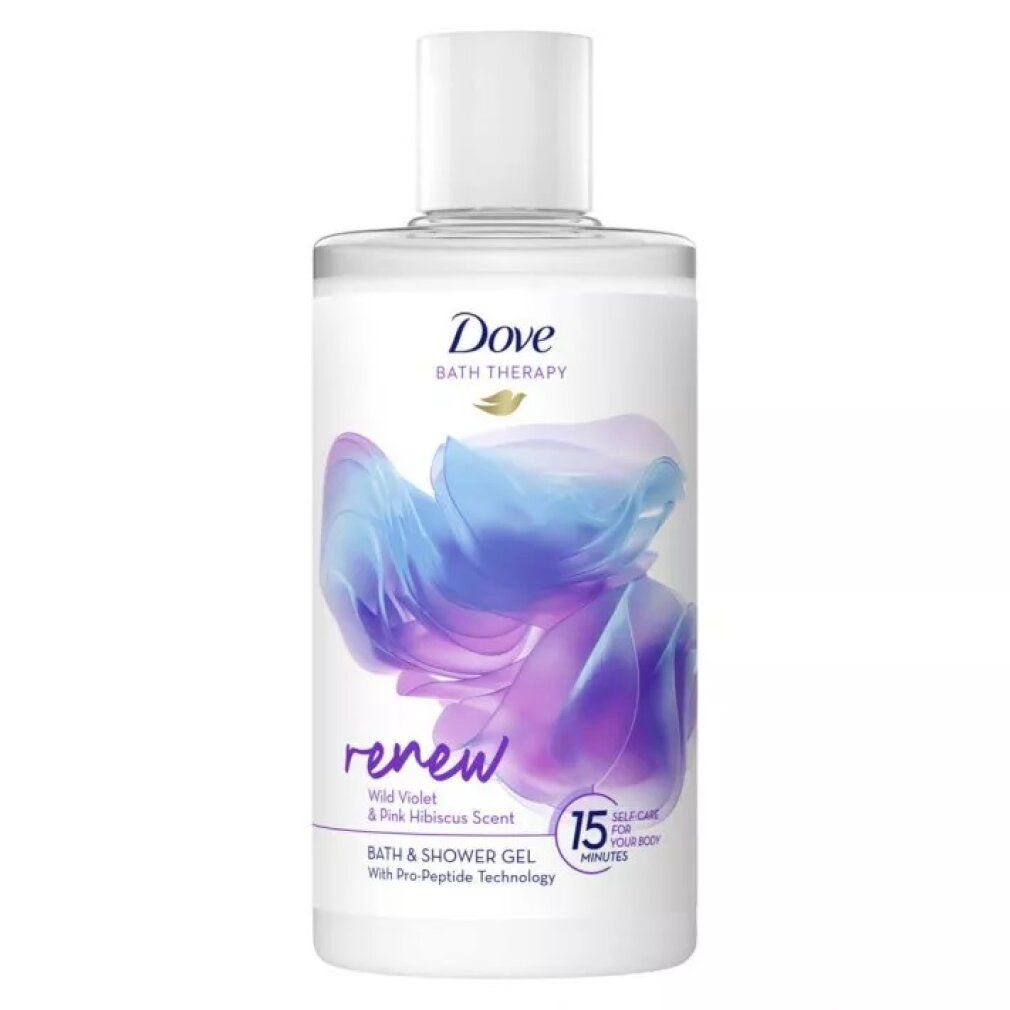 Klarer Behälter mit weißem Deckel. Aufschrift Dove Bath Therapy Renew, Wild Violet & Pink Hibiscus Scent. 15 Minuten.