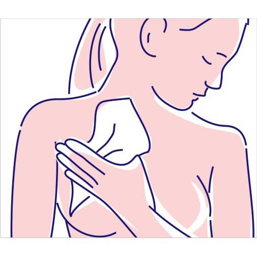 Illustration: Person reinigt Schulter mit einem weißen Tuch. Blaue Konturen, rosa Hauttöne. Das Tuch ist gefaltet.