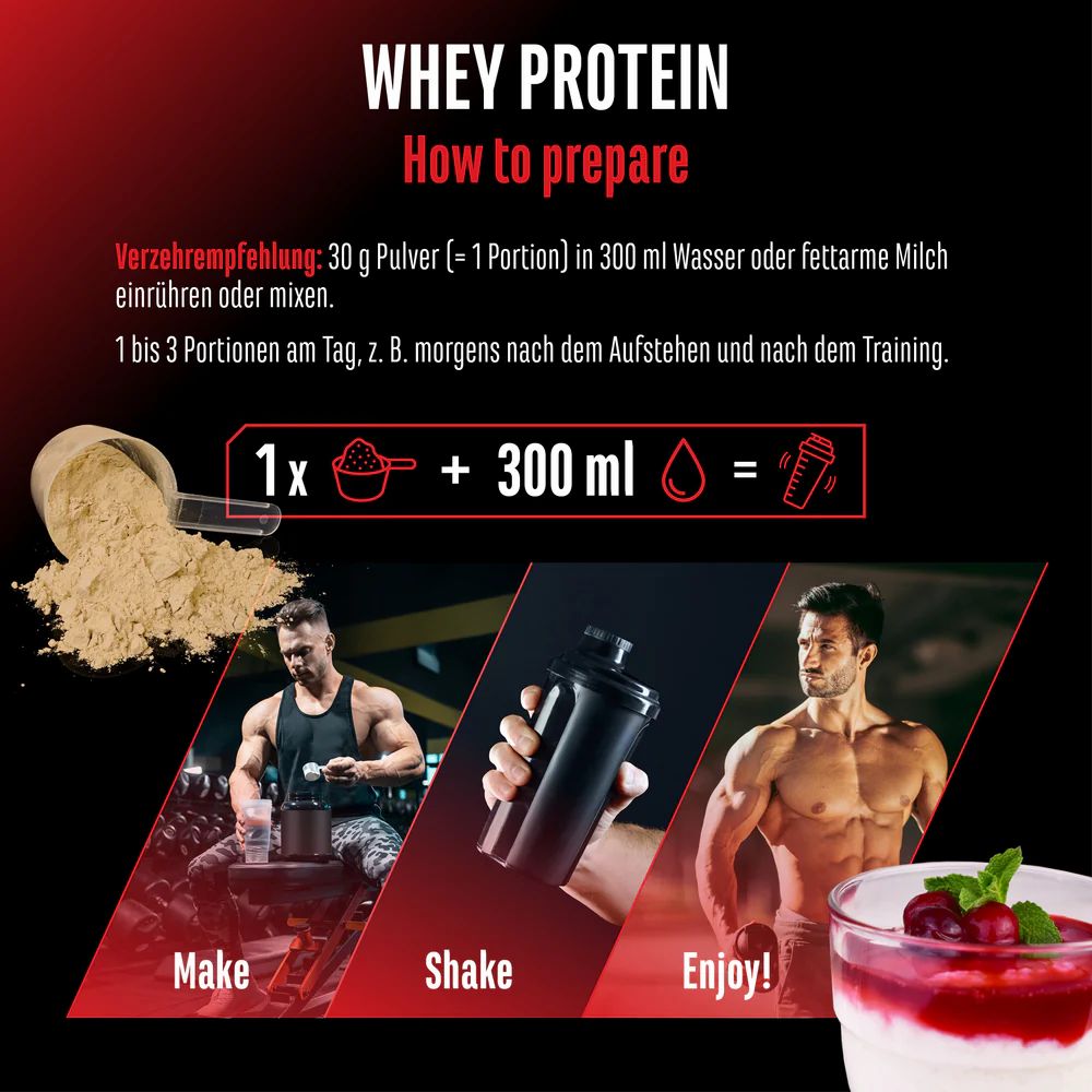 GEN Whey Protein Komplex. Zubereitung: 30g Pulver in 300ml Wasser oder Milch mischen. 1-3 Portionen täglich. Mit Shake-Becher.