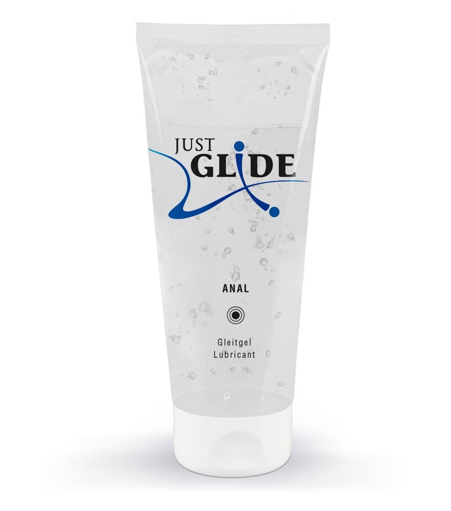 Tube mit transparentem Gel. Aufschrift: JUST GLIDE ANAL. Medizinische Gleitgel. Weißer Deckel.