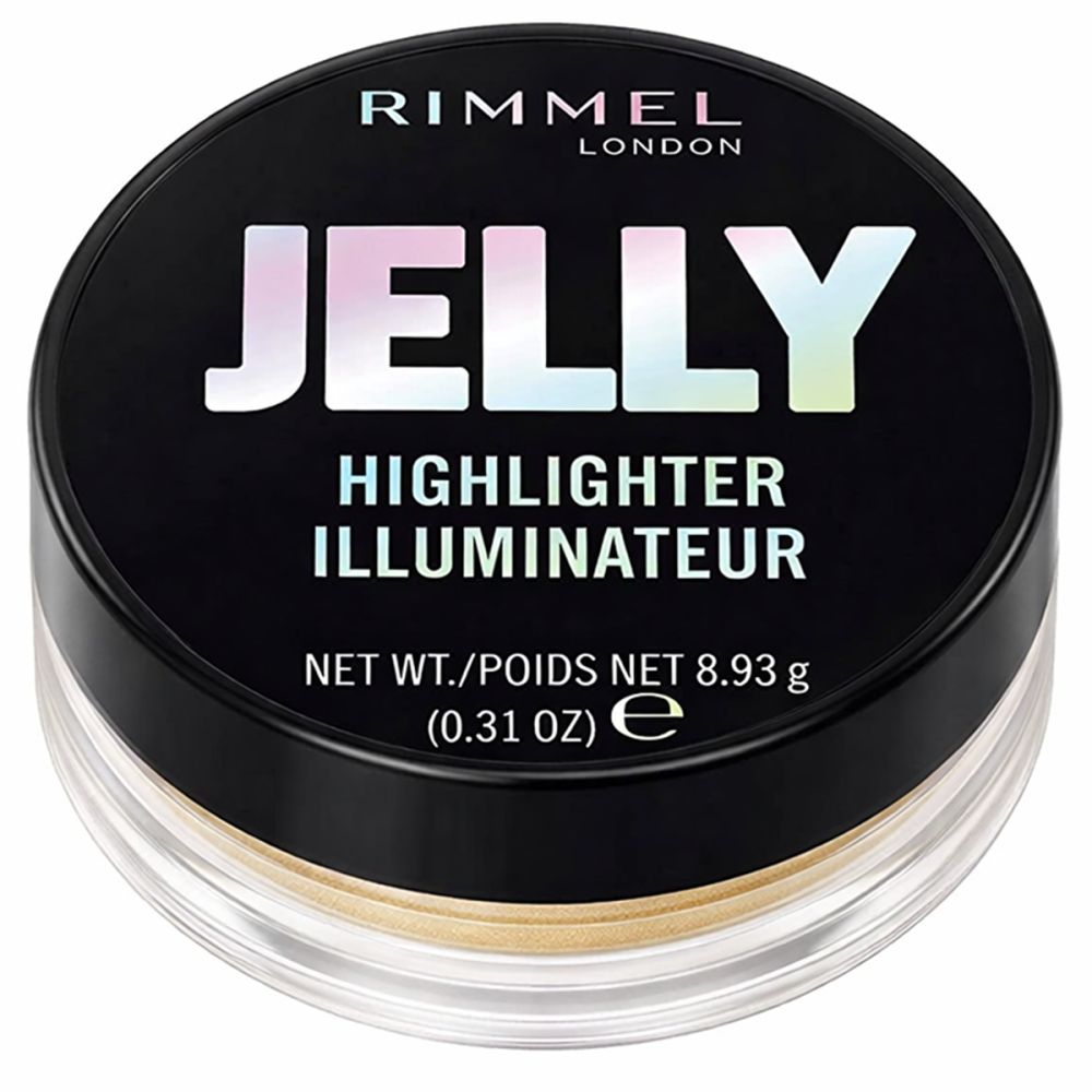Runder, schwarzer Tiegel mit Deckel. Aufschrift: Rimmel London, Jelly Highlighter Illuminateur. Inhalt sichtbar.