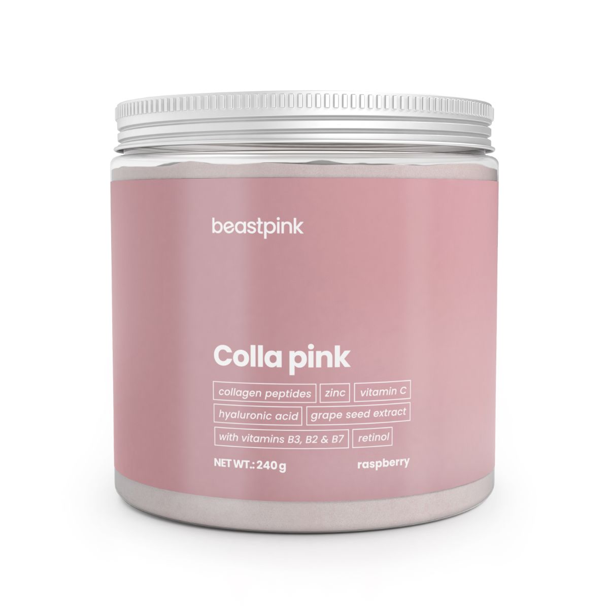 Rosa Dose mit Colla Pink Kollagenpeptid Pulver, 240g Nettofüllmenge, mit Himbeergeschmack.