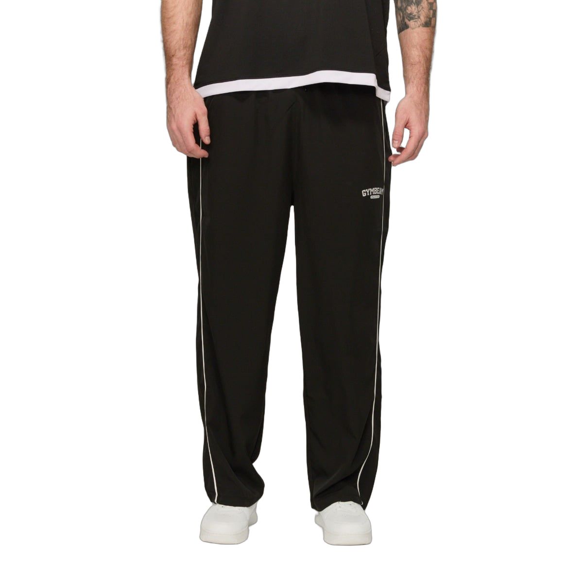 Schwarze Herren-Jogginghose mit weißem Seitenstreifen und Kordelzug.