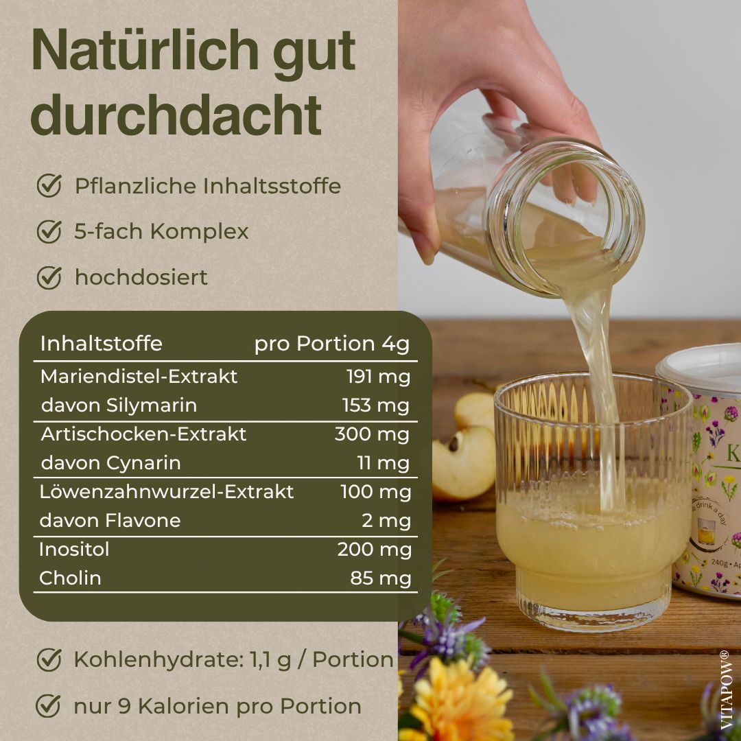 Frau im Freien mit Glas Vitapow Leber Komplex. Gut für die Leber, mit Pflanzenextrakten.