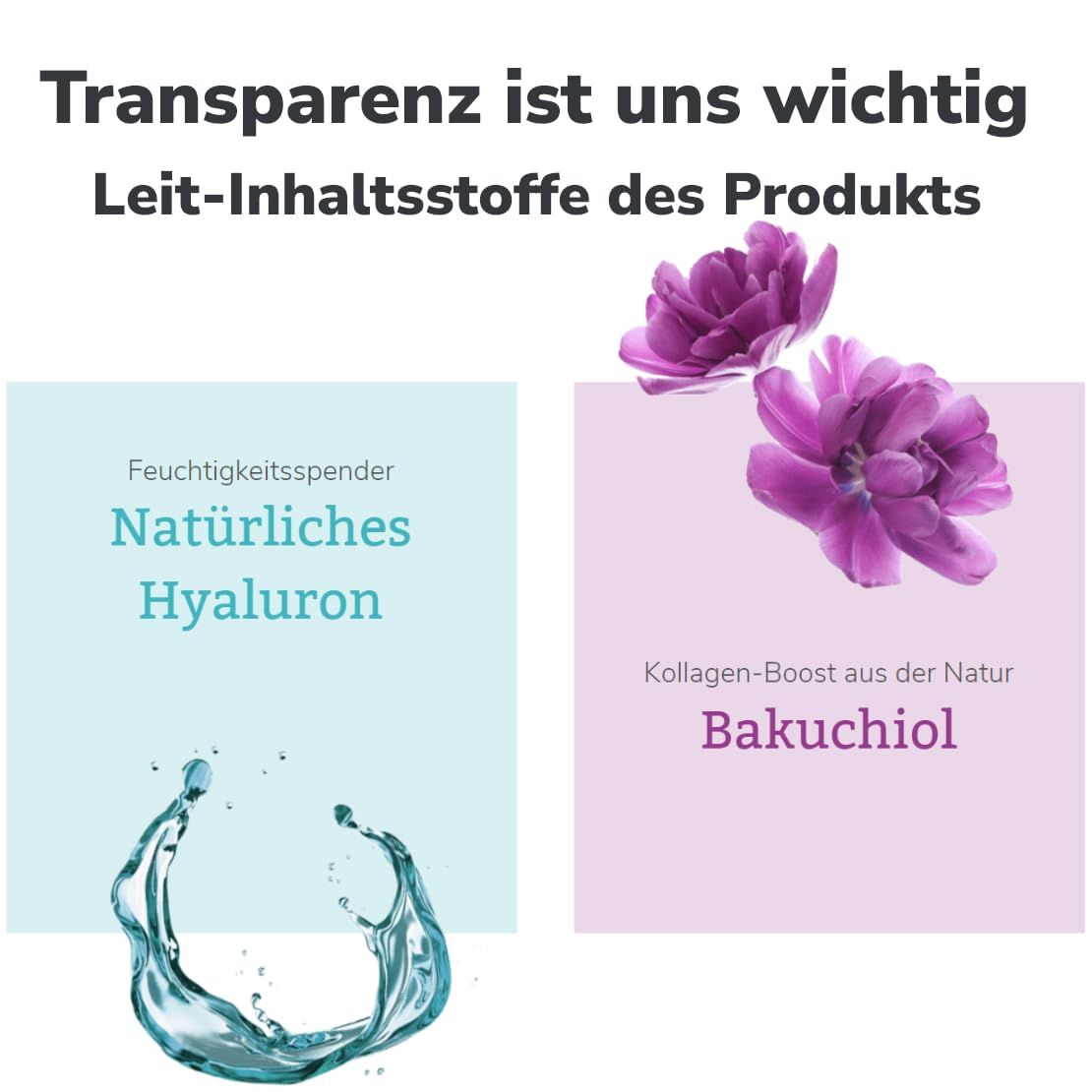 Grafik mit Text und Illustrationen. Text: Natürliches Hyaluron, Bakuchiol. Abbildung: Wassertropfen, lila Blüten.