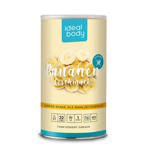 Zylinderdose mit "ideal body"-Logo und Bananen-Geschmack. Aufschrift: Eiweiß-Shake als Mahlzeitenersatz. Glutenfrei-Symbol.