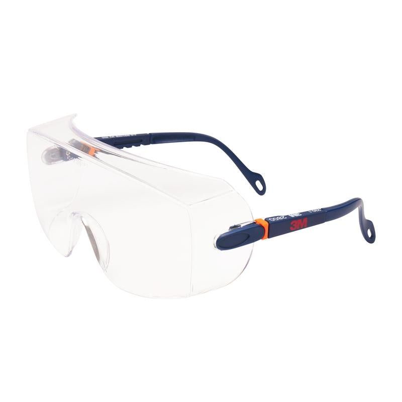 Überbrille mit transparentem Visier und dunkelblauen Bügeln. Bügel mit orangefarbenen Akzenten und 3M-Logo.
