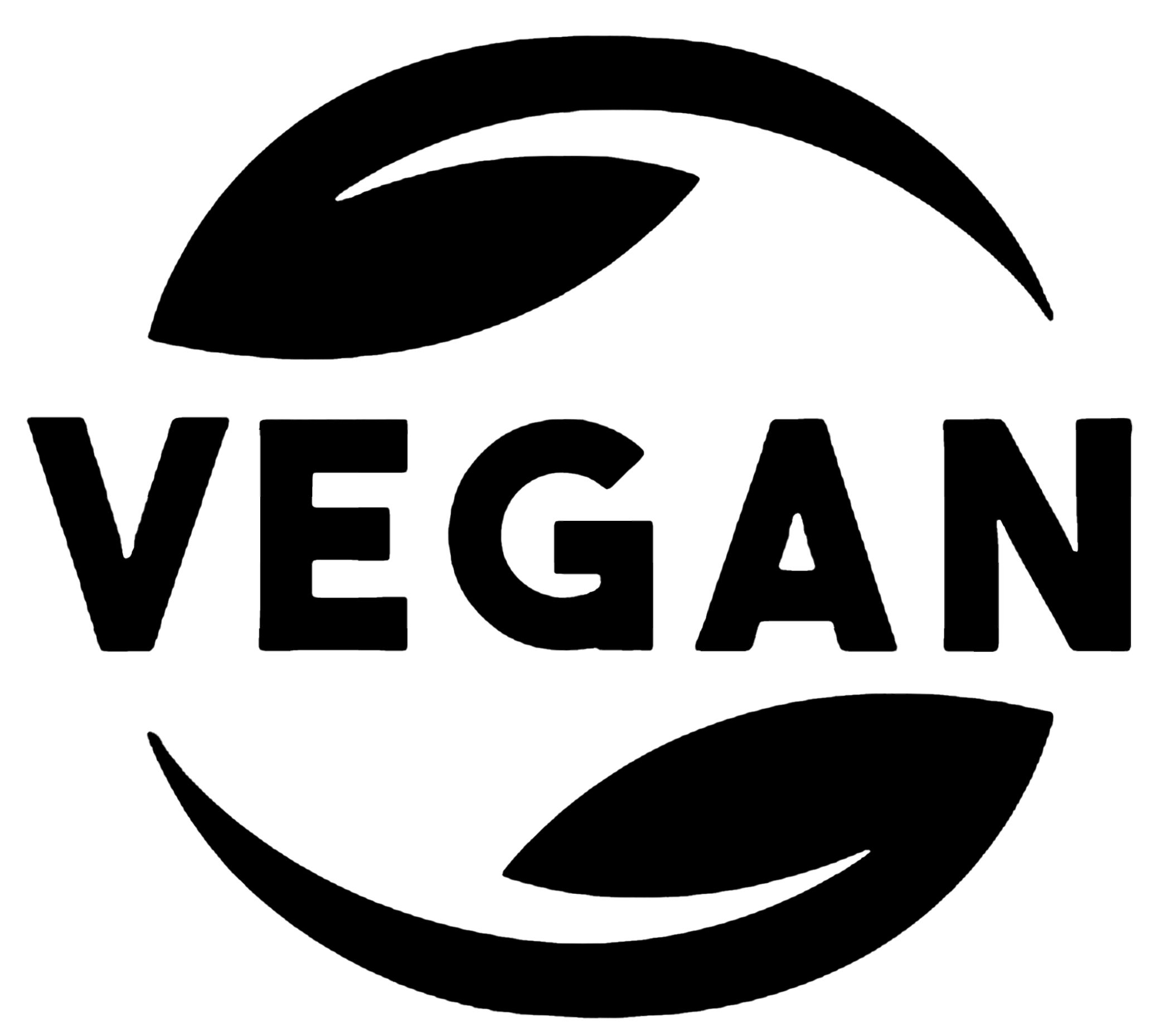 Schwarzes Logo mit der Aufschrift VEGAN und zwei Blättern.