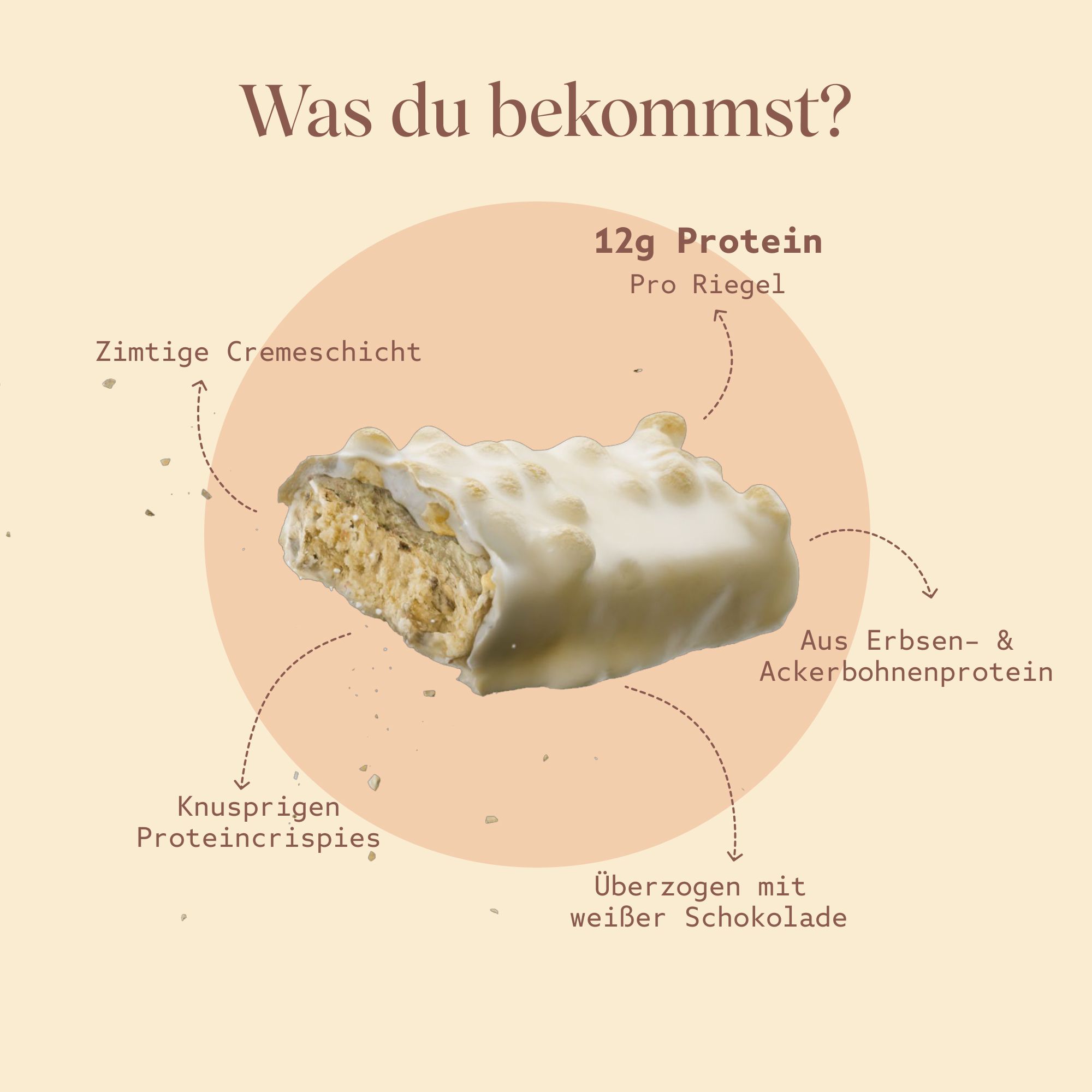 Detailansicht eines VETAIN Crispy Proteinriegels mit weißer Schokoladenhülle.