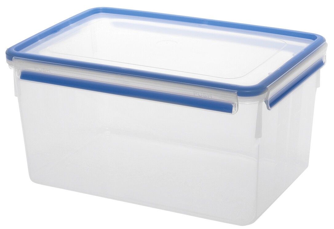 Transparente Frischhaltedose mit blauem Deckel. Rechteckige Form. Clip & Close Verschluss.