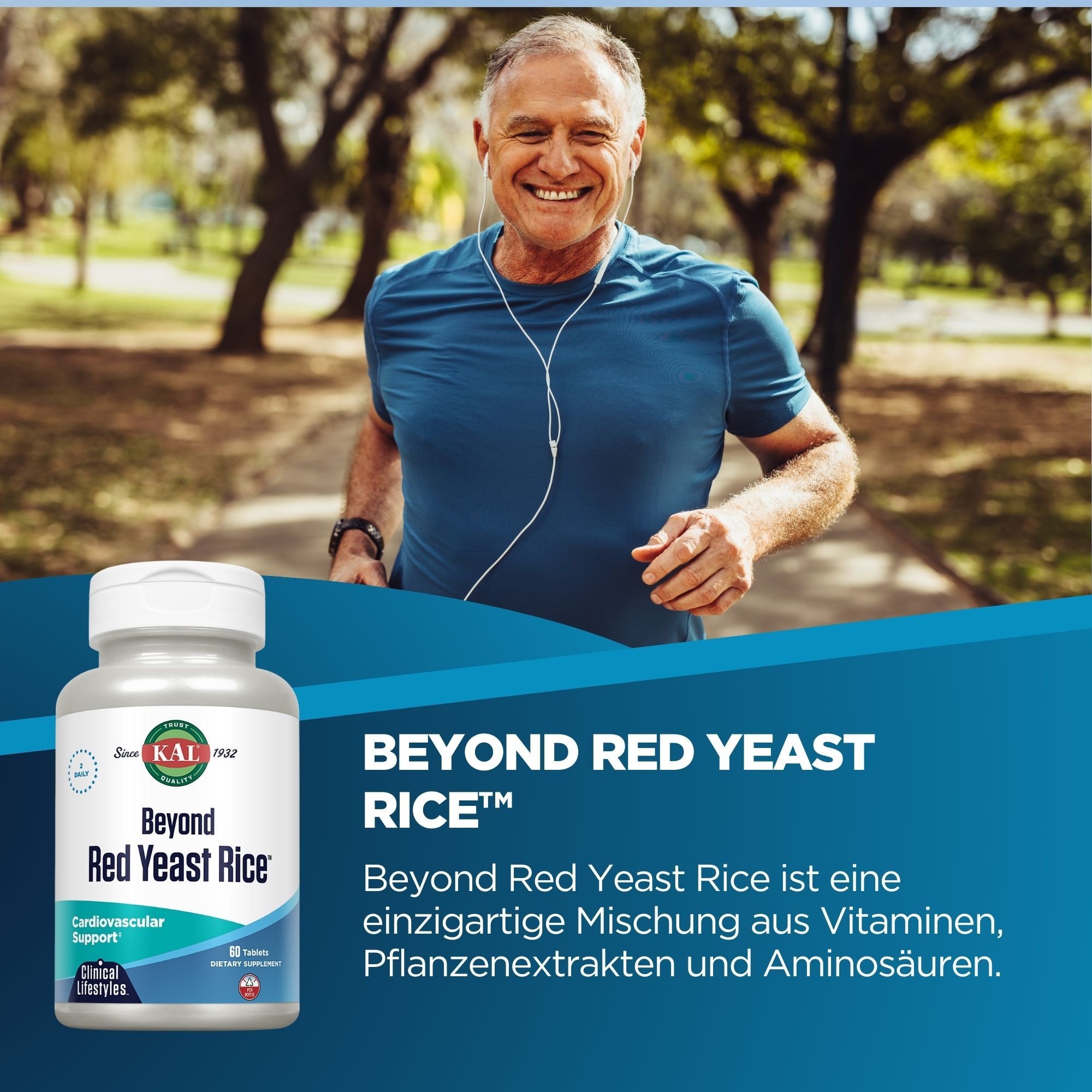 Eine Flasche KAL Beyond Red Yeast Rice. Aufschrift: Beyond Red Yeast Rice, Cardiovascular Support. Mann joggt im Hintergrund.