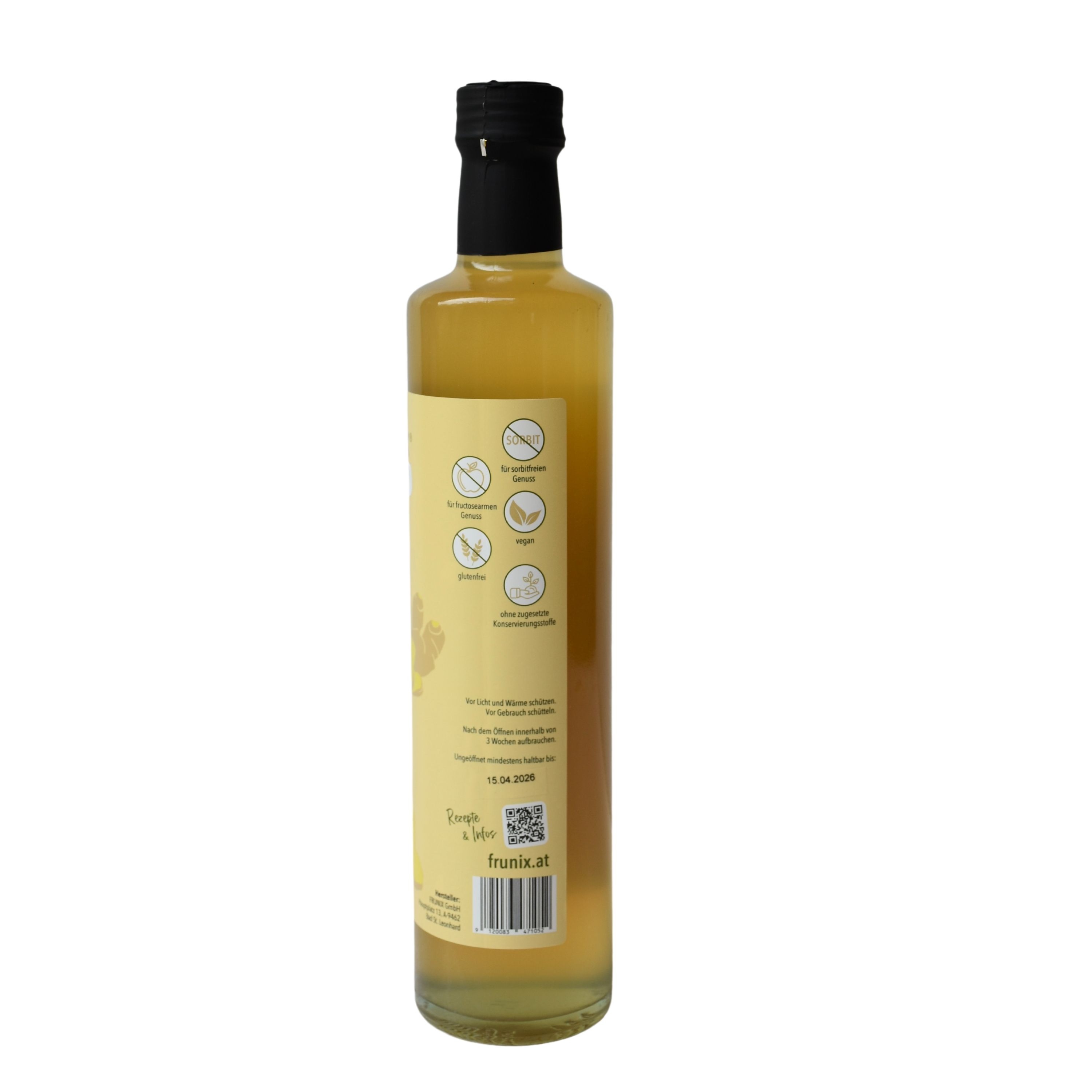 Glasflasche mit gelber Flüssigkeit. Schwarzer Verschluss. Etikett mit Logos und Text. Barcode unten. Aufschrift: frunix.at.
