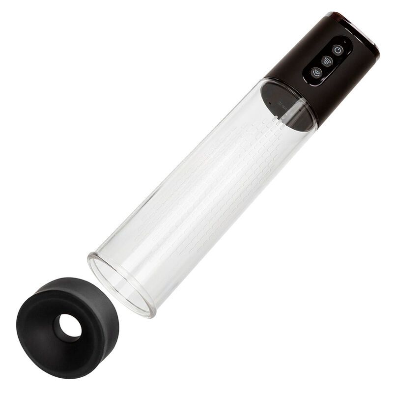 Schwarze Pumpe mit transparentem Zylinder. Schwarze Basis und abnehmbare Spitze. Drei Knöpfe.