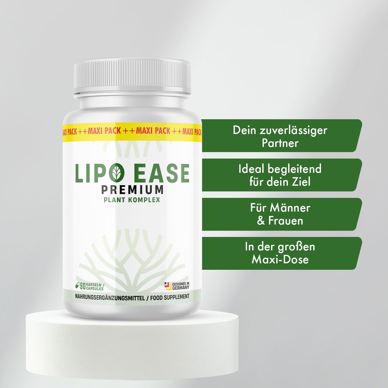Weiße Flasche mit gelbem Etikett. Aufschrift: LIPO EASE PREMIUM PLANT KOMPLEX. Text: Dein zuverlässiger Partner, ideal für dein Ziel.