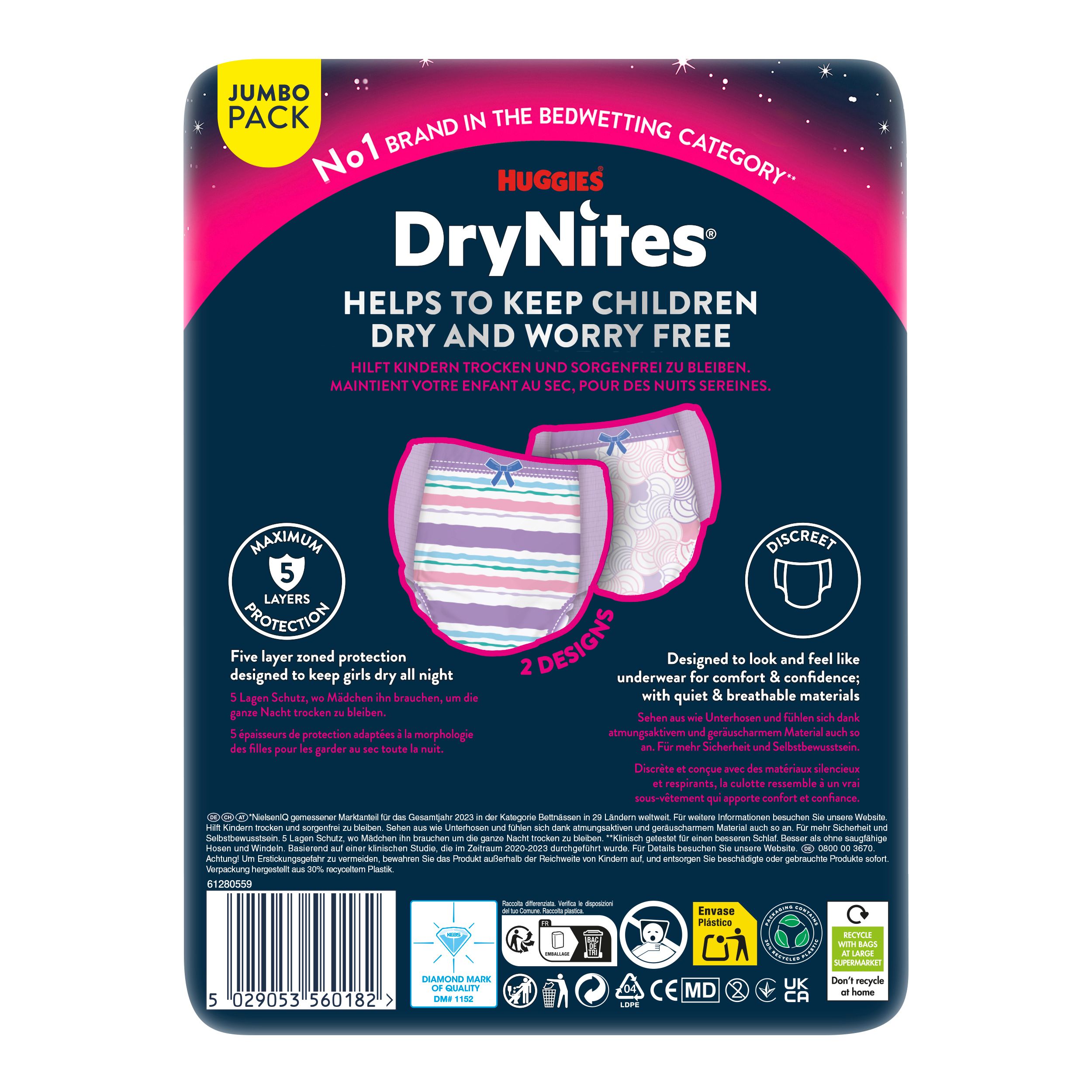 Rückseite der Huggies DryNites Pyjama Pants Verpackung. Zwei Designs, 5-facher Schutz, diskret. Informationen zu den Windelhosen.