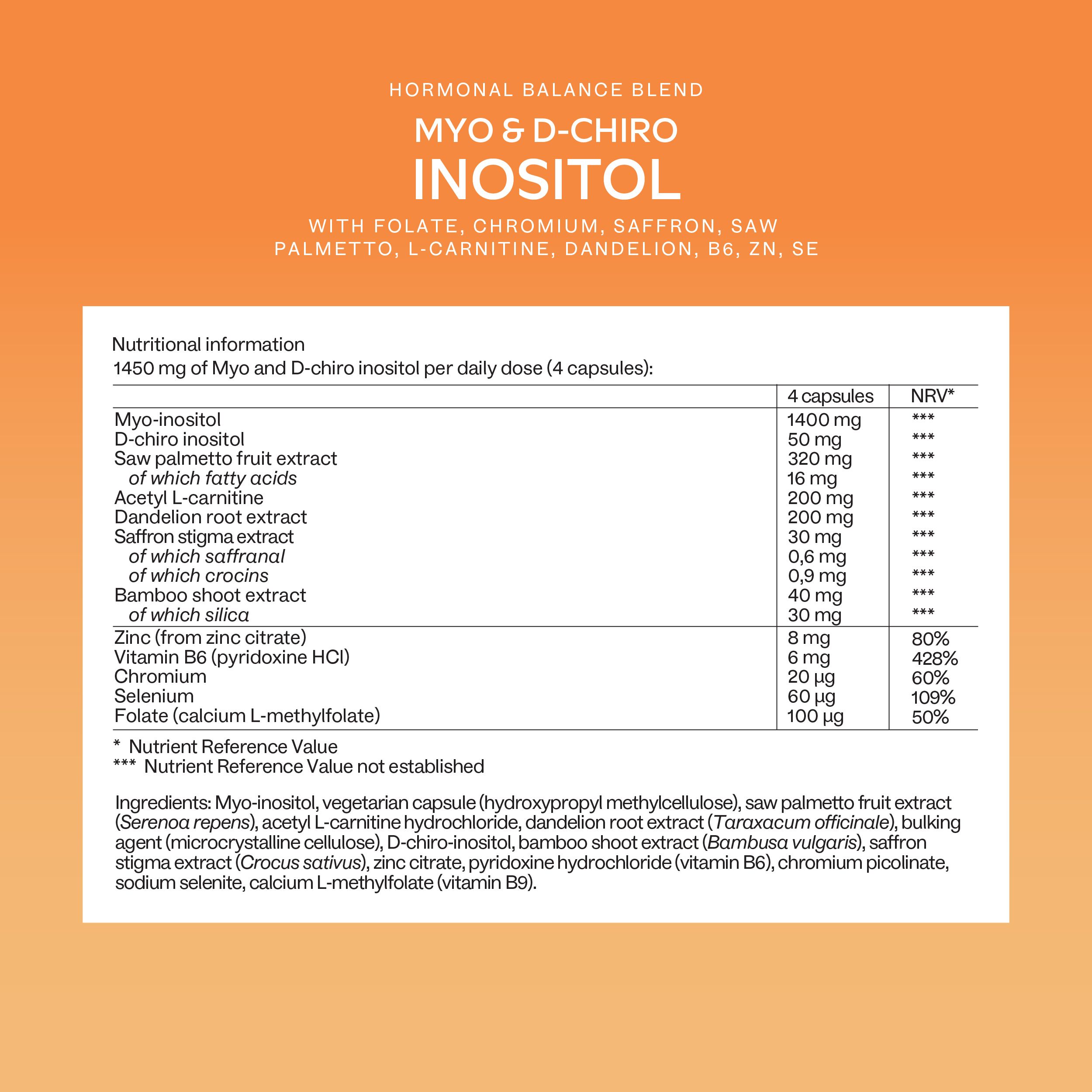 Nährwertangaben auf orangefarbenem Hintergrund. Enthält Myo-Inositol, D-Chiro-Inositol, Sägepalmenextrakt, etc.