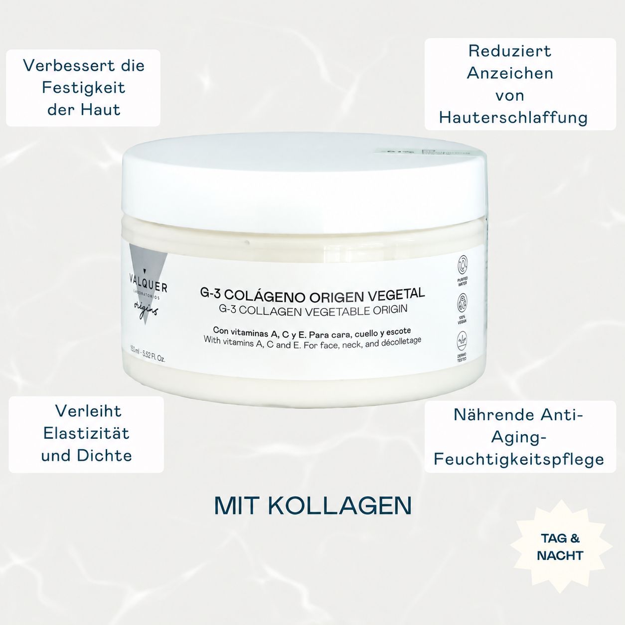 Valquer G-3 Collagen Vegetable Origin Gesichtscreme-Tiegel mit Text.