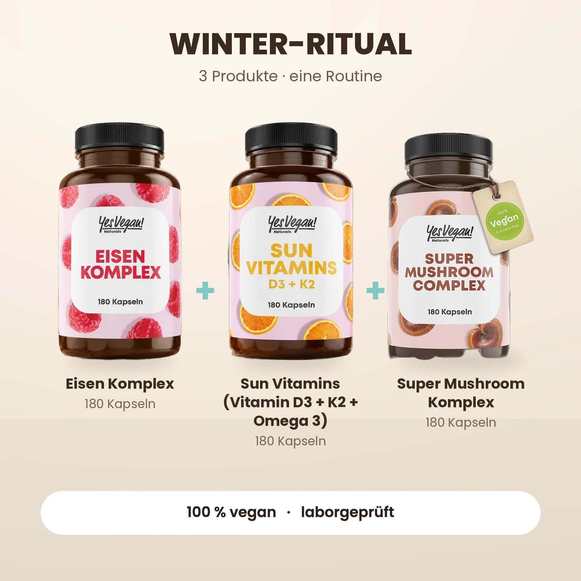 Drei Flaschen Nahrungsergänzungsmittel: Eisen Komplex, Sun Vitamins und Super Mushroom Komplex.