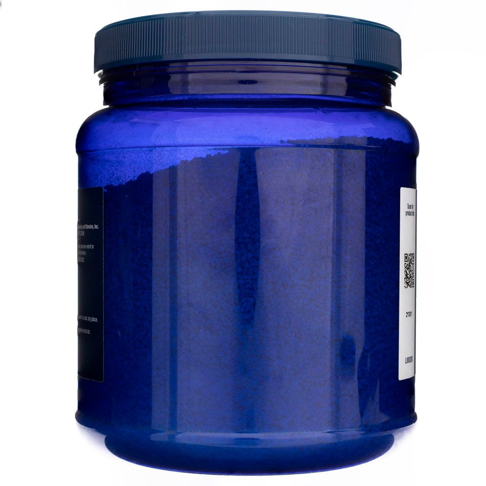 Seitenansicht des blauen Behälters mit Life Extension Lecithin Pulver. Der Inhalt ist als feines blaues Pulver sichtbar.