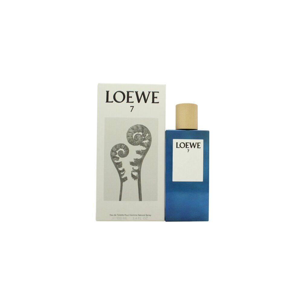 Blaues Parfümflakon mit Holzverschluss und weißer Verpackung. Aufschrift "LOEWE 7".