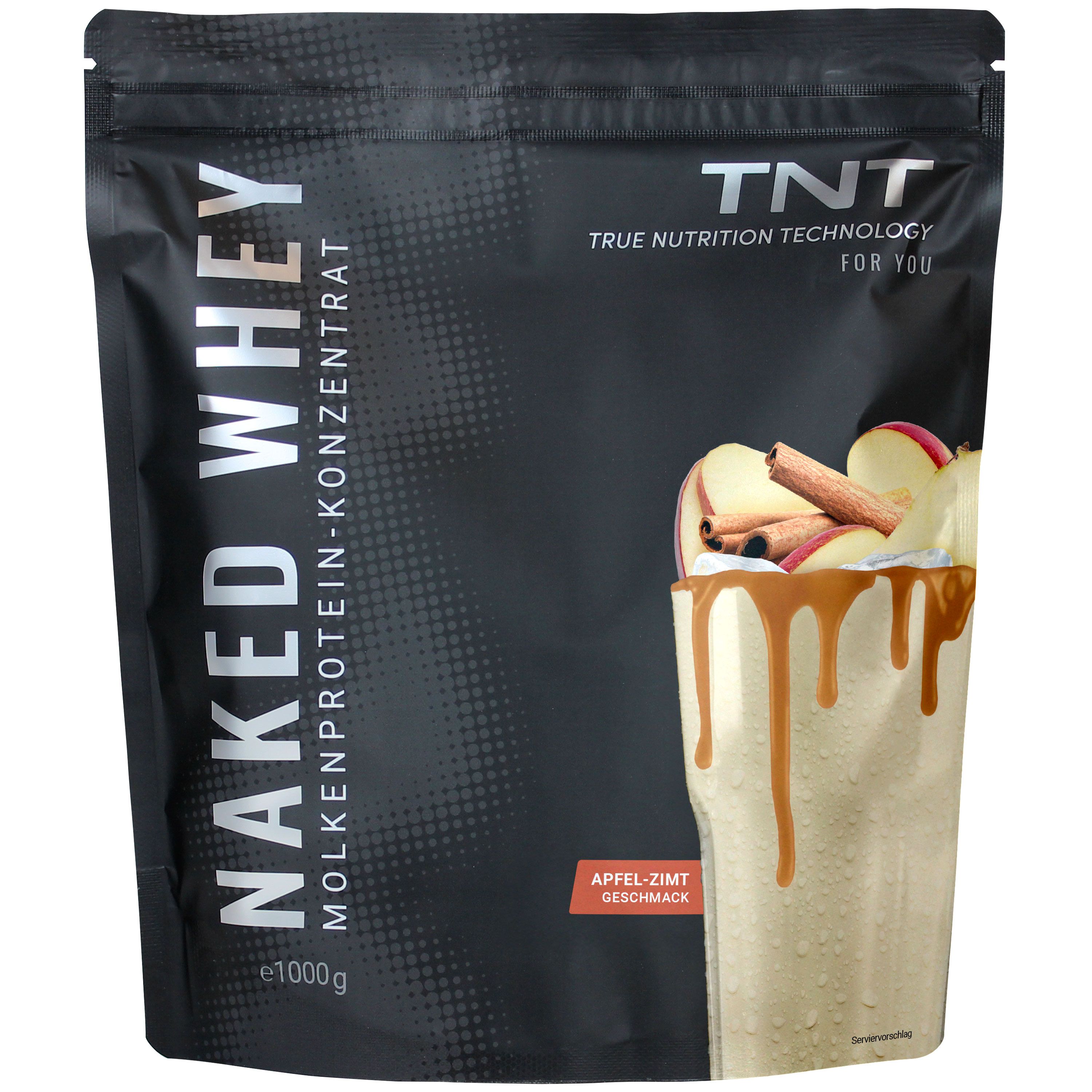 Schwarze Verpackung TNT Naked Whey. Abbildung eines Shakes mit Apfel-Zimt-Geschmack. Text: Naked Whey Molkenprotein-Konzentrat, 1000g.