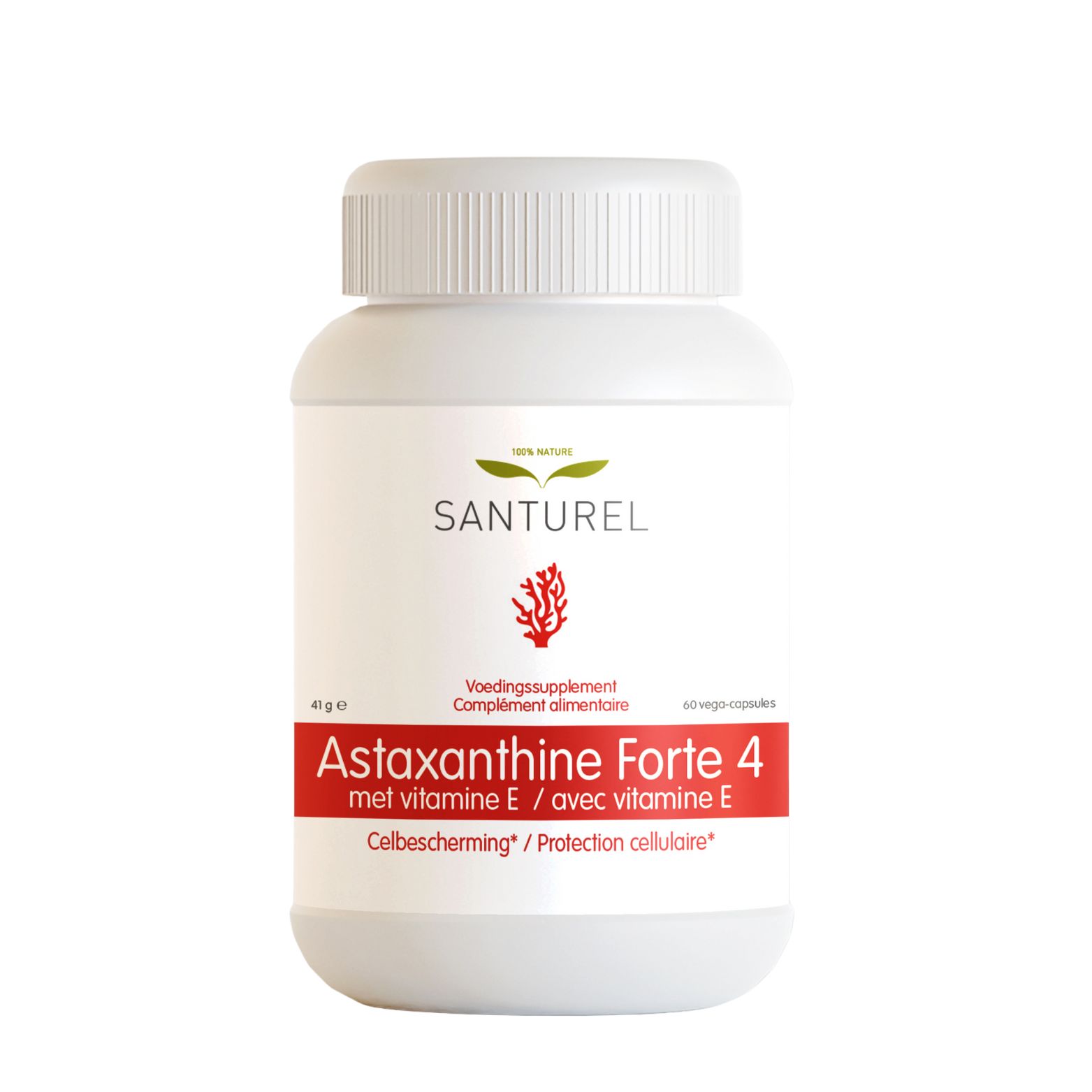Weiße Flasche mit Santurel Astaxanthine Forte 4 mg Kapseln. Aufschrift: 100% natürlich.