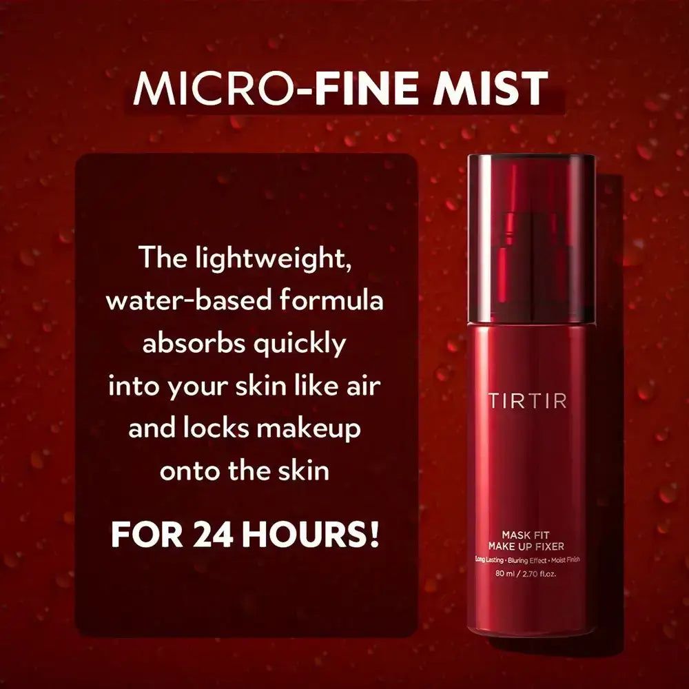 Rote Sprühflasche mit Text. Aufschrift TIRTIR, Mask Fit Make Up Fixer. Text über Formel und Haltbarkeit.