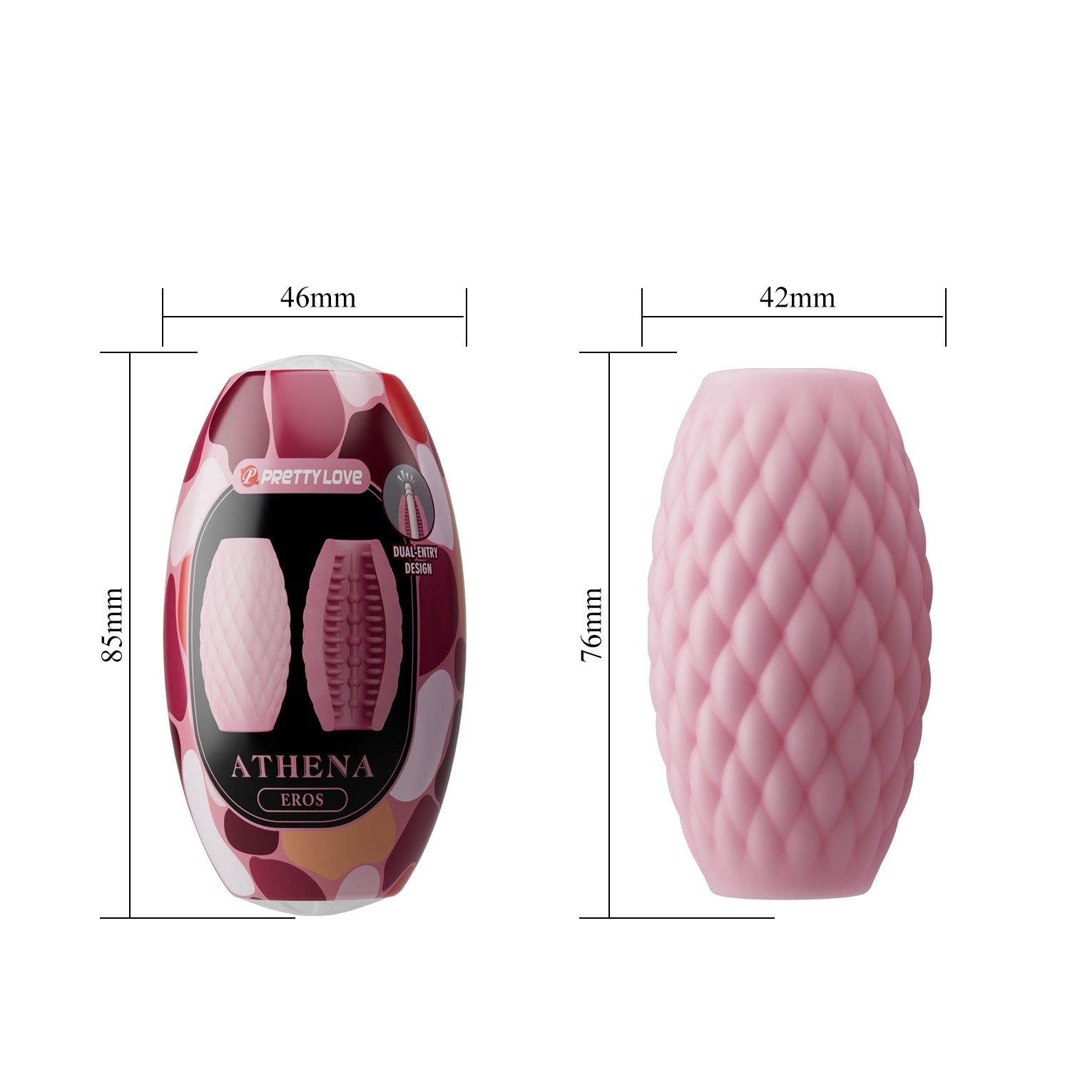 Produktverpackung mit Produkt und Maßen. Produkt: rosa, länglich, rautenförmig. Text: ATHENA EROS.