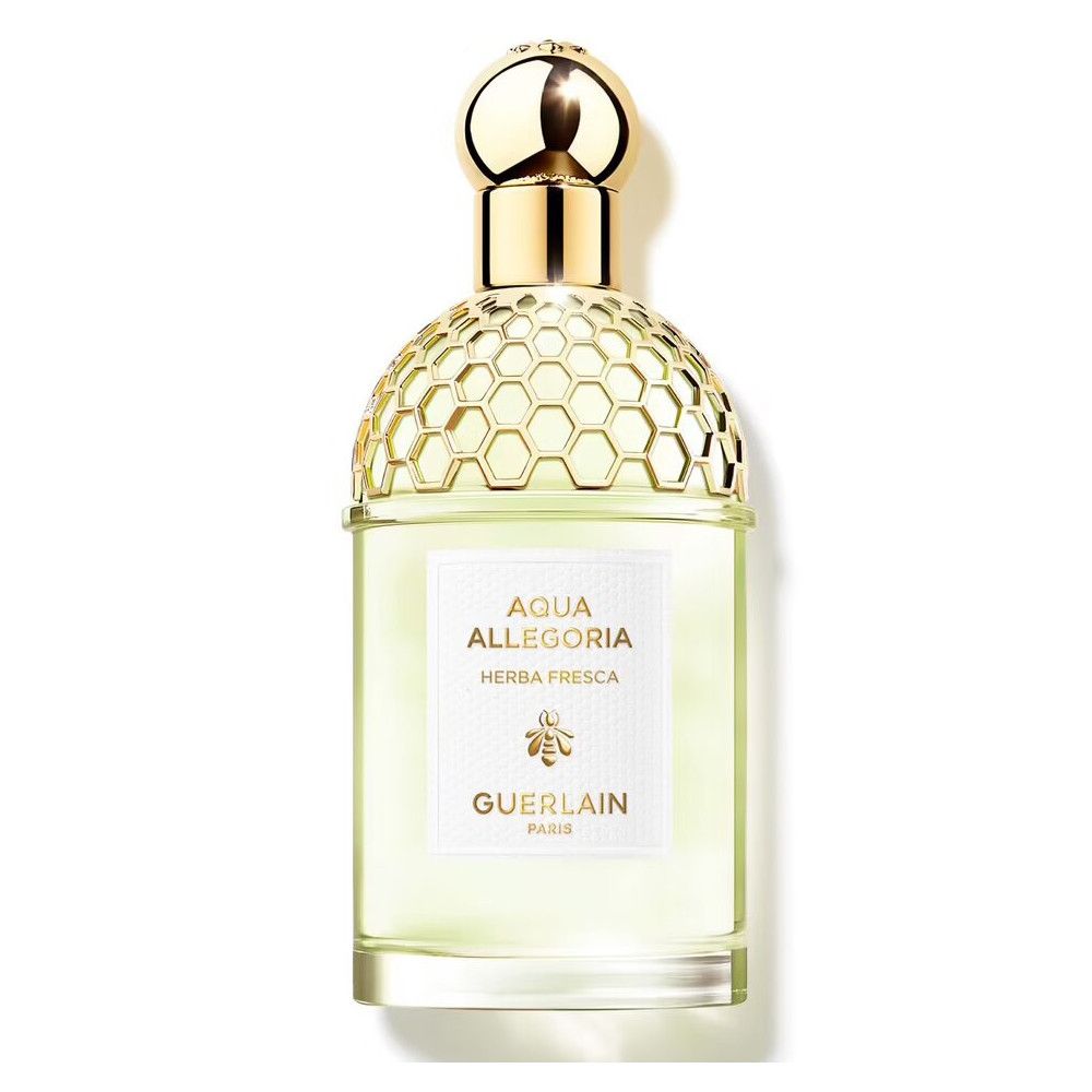 Guerlain Aqua Allegoria Herba Fresca Eau de Toilette Flakon. Flakon mit goldfarbenem Verschluss.