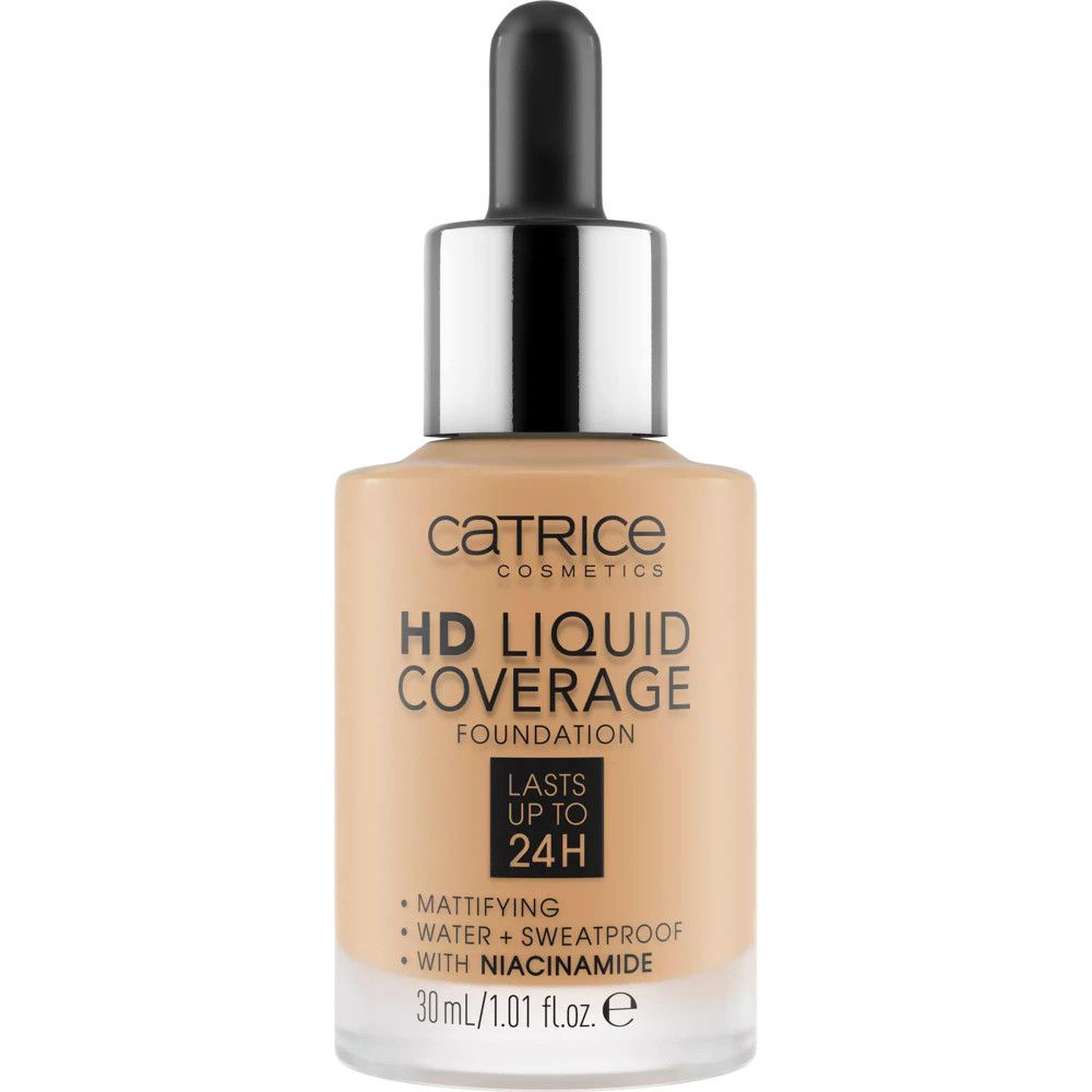 Foundation-Flasche mit Pipette. Aufschrift: Catrice, HD Liquid Coverage Foundation, mattierend, wasserfest, schweißfest, mit Niacinamid.